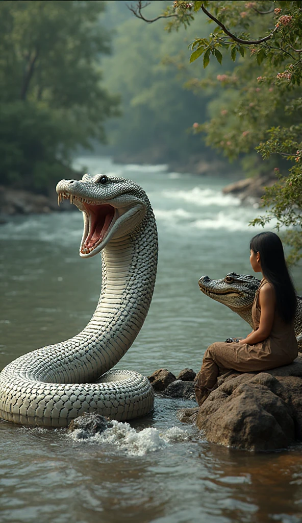  Happy , aroused 1girl), beautiful kneeling Indian young teen girl   with  giant colossal black titanboa monster  squeezing her hard, wrapped in thick spiraling coils, constricted, struggle, gasping for air, snake attack, snake peril, moonless night, dim light