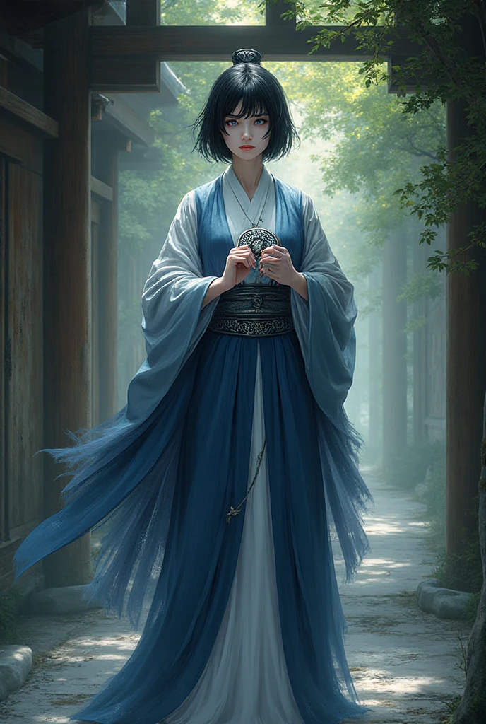 with short black hair，Wearing a light blue lotus cheongsam dress，A slight smile appeared on Qingjing's face，Red rosary in hand，Walk on lush forest trails