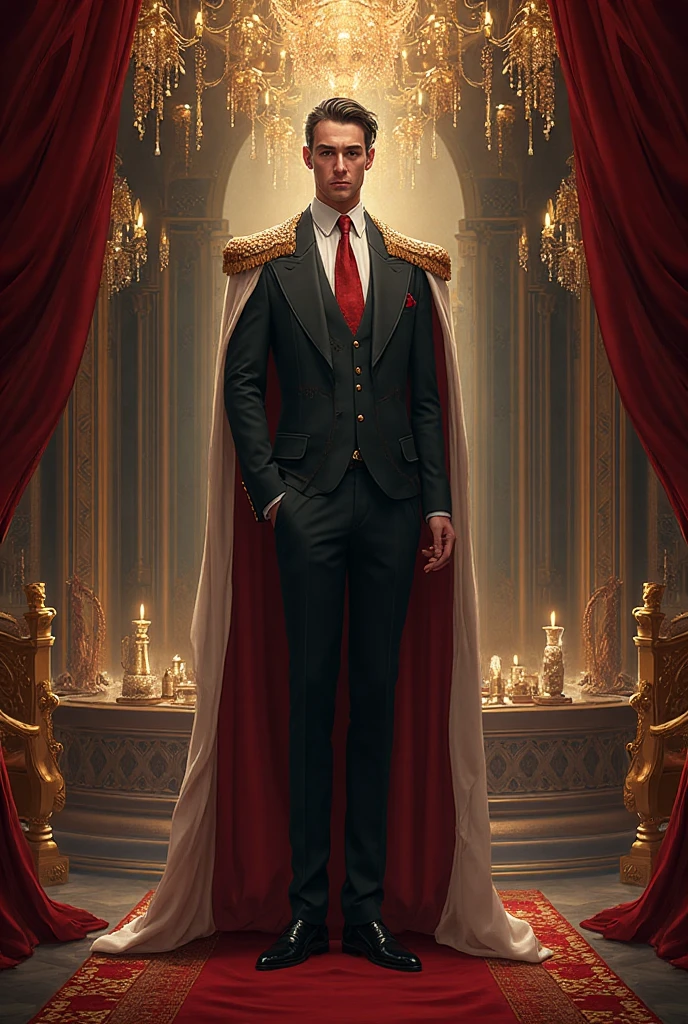 
masterpiece, 最high quality, high quality, 1 boy, alone, Male focus, Watching the audience,  Messy black hair, Adorable big blue eyes, White people, Noble, Noble,Sexy voluminous black and red cape、Tuxedo、A very voluminous, large, very large, very large, long, long red and black cape with a high stand-up collar, reaching down to the floor, made of a lot of fabric., 17 years old,Cute beautiful boys,Cute, cute, kind, handsome guy