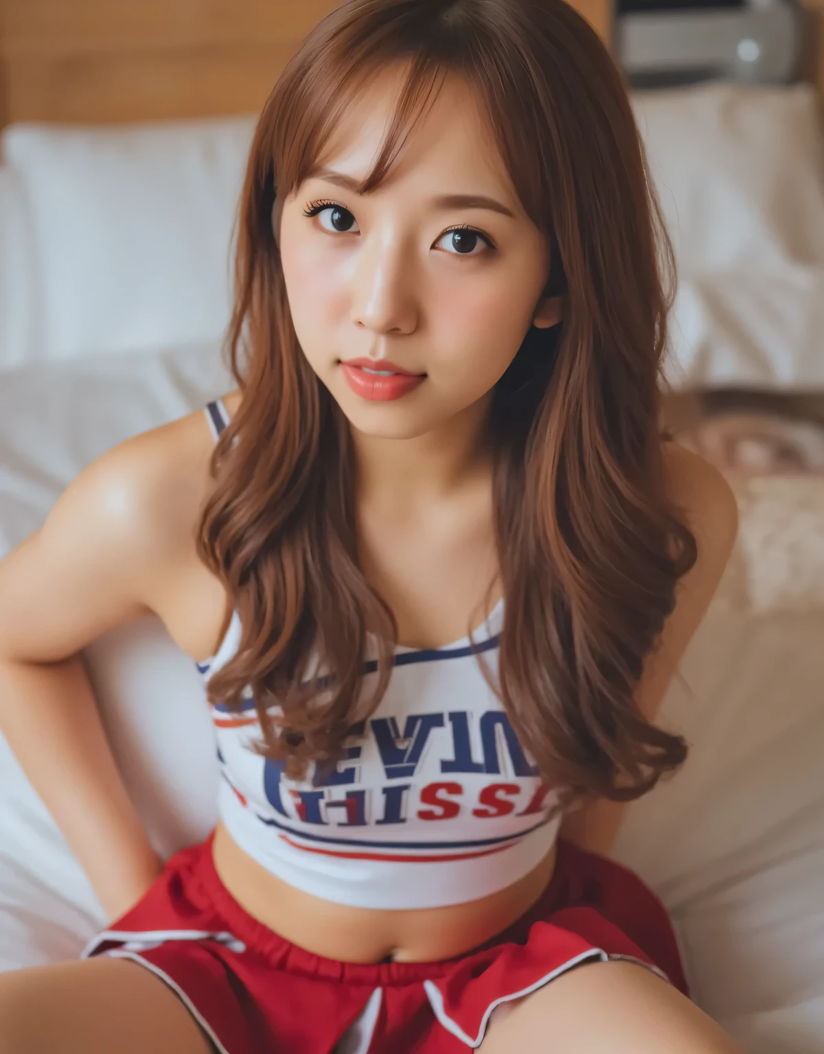 cheerleader uniform, pleated mini skirt, detailed closeup portrait, cute young woman, looking at camera, confident expression, natural skin, long brown hair, high resolution, 8K, photorealistic, professional photography, studio lighting, shallow depth of field, warm color palette, cinematic lighting