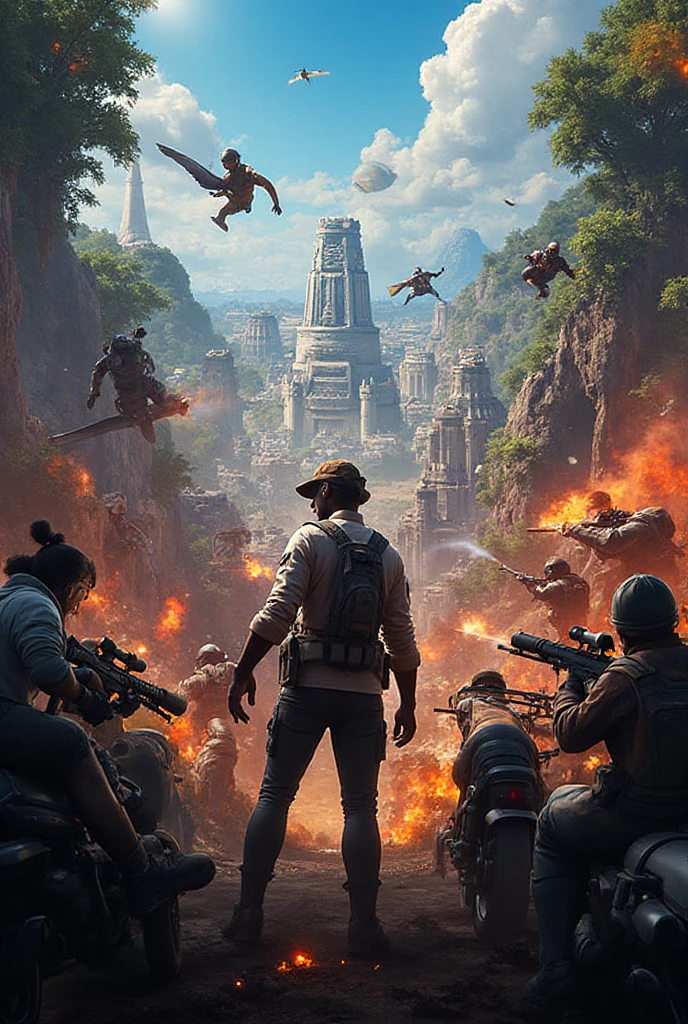 At night, dark sky, aerial view of fantasy cyberpunk style ((Moai-statue)) city, ((flying vehicle)). ((1girl, solo, alone)), photo realistic, medium-breast:1.1 slim body, cleavage, sexy clothes, (black sunglasses), (((hip-up standing and pistol aiming pose))), half-body thigh level medium shot, cinematic lighting.