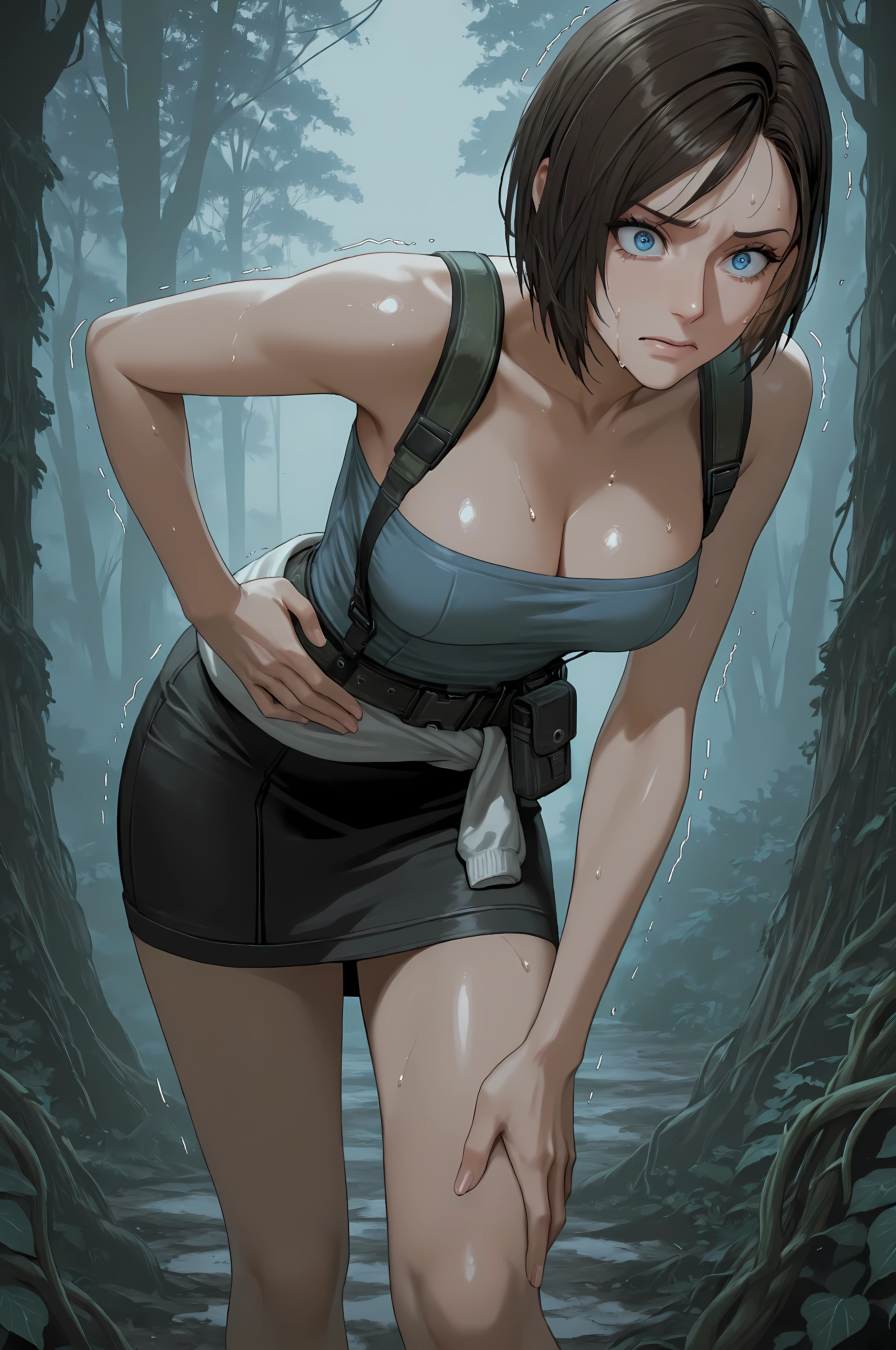 JVRE3, brown hair, bob cut, short hair, suspenders, belt pouch,   tube top, pencil skirt, clothes around waist, half body shot, close up, 
Solo, general, masterpiece, highres, ultra-detailed, hyper-detailed, best quality,  amazing quality, very aesthetic, best hands, best eyes, best hand
adult woman, 1woman, hand on own stomach, sweat,  leaning forward, nervous, scared, trembling legs, open field, huge forest, abandoned budling background, overgrown vine, dark gray sky, blue eyes, blue iris, big eyes,
