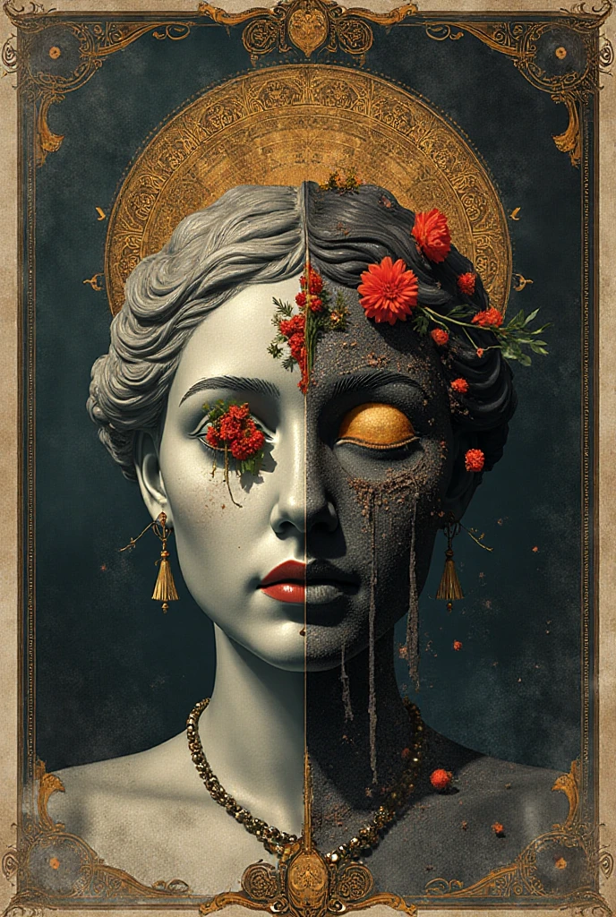 Medusa white sculpture with the face painted as the flag of bangladesh dark themed with the face cracks and black background