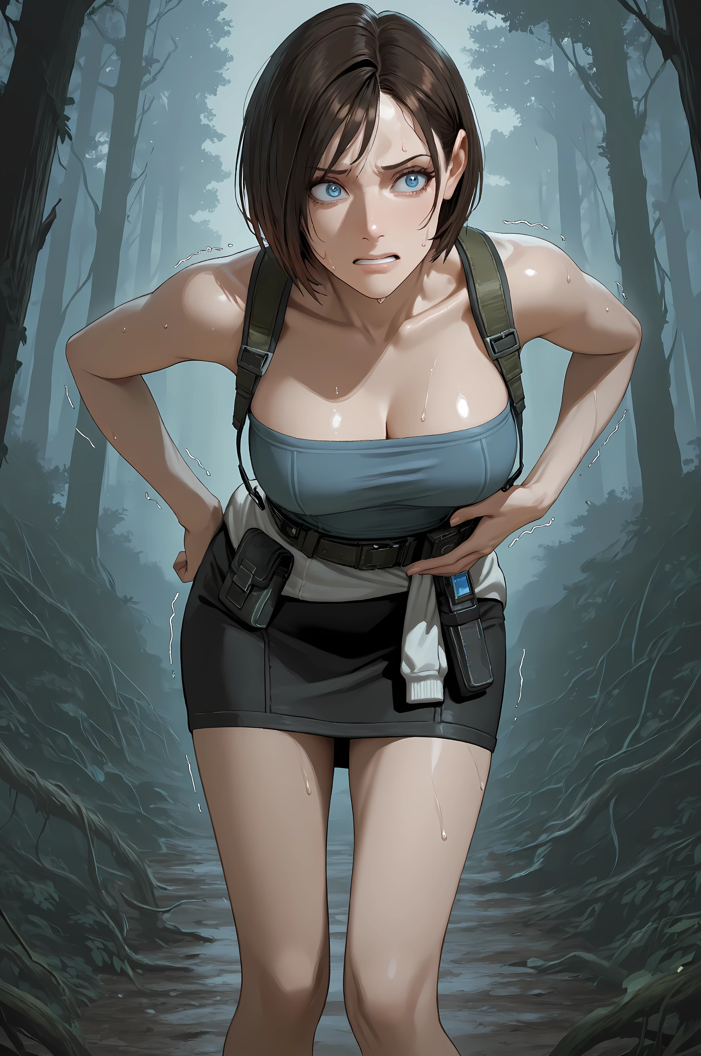 JVRE3, brown hair, bob cut, short hair, suspenders, belt pouch, tube top, pencil skirt, clothes around waist, half body shot, close up,
Solo, general, masterpiece, highres, ultra-detailed, hyper-detailed, best quality, amazing quality, very aesthetic, best hands, best eyes, best hand
adult woman, 1woman, hand on own stomach, sweat, leaning forward, nervous, scared, trembling legs, open field, huge forest, abandoned budling background, overgrown vine, dark gray sky, blue eyes, blue iris, big eyes, hand clutching stomach,
