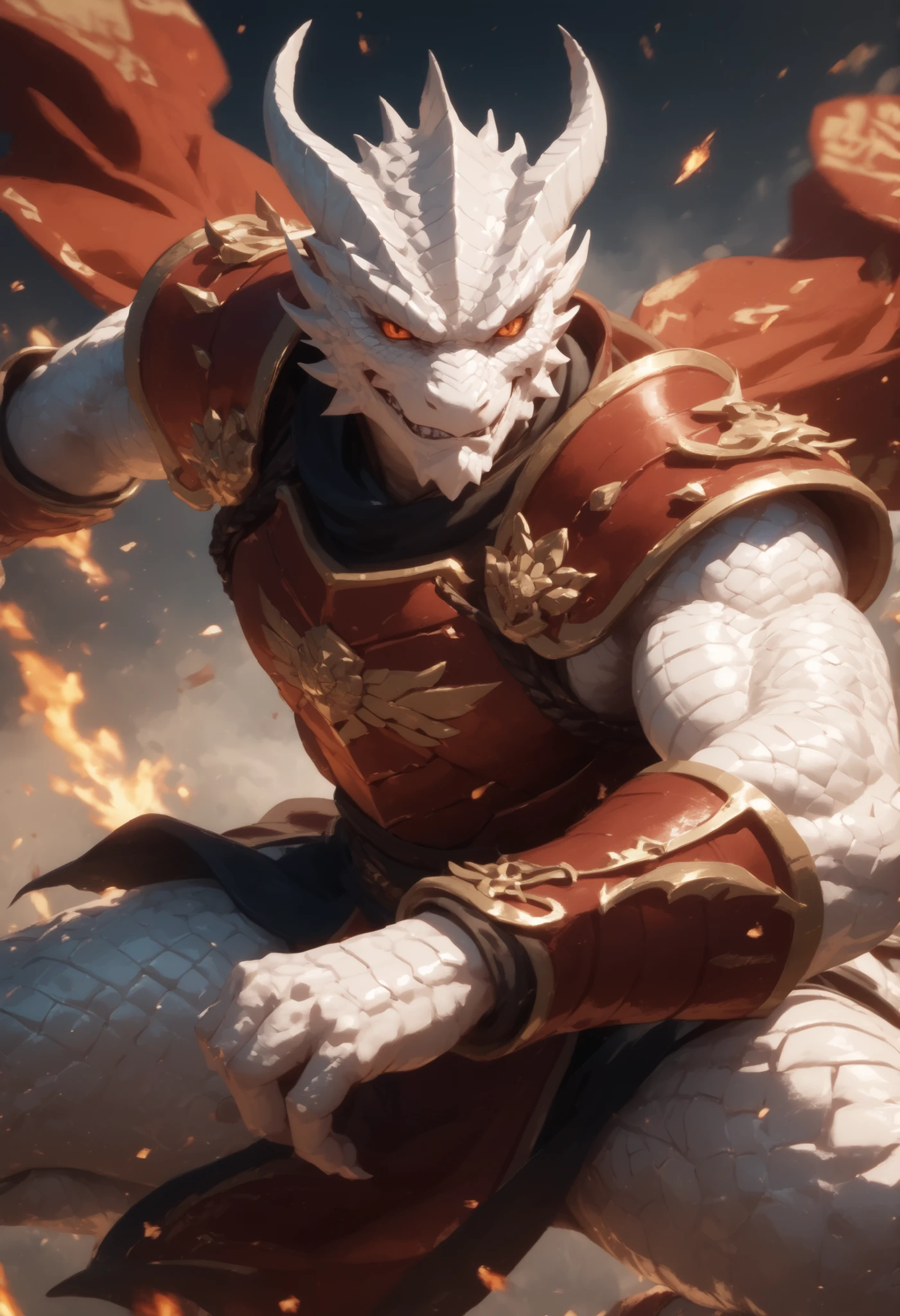masterpiece, (solo), male, detailed, dragonborn, white scales, muscular, smirk, red armor with fire motif, sword, action pose