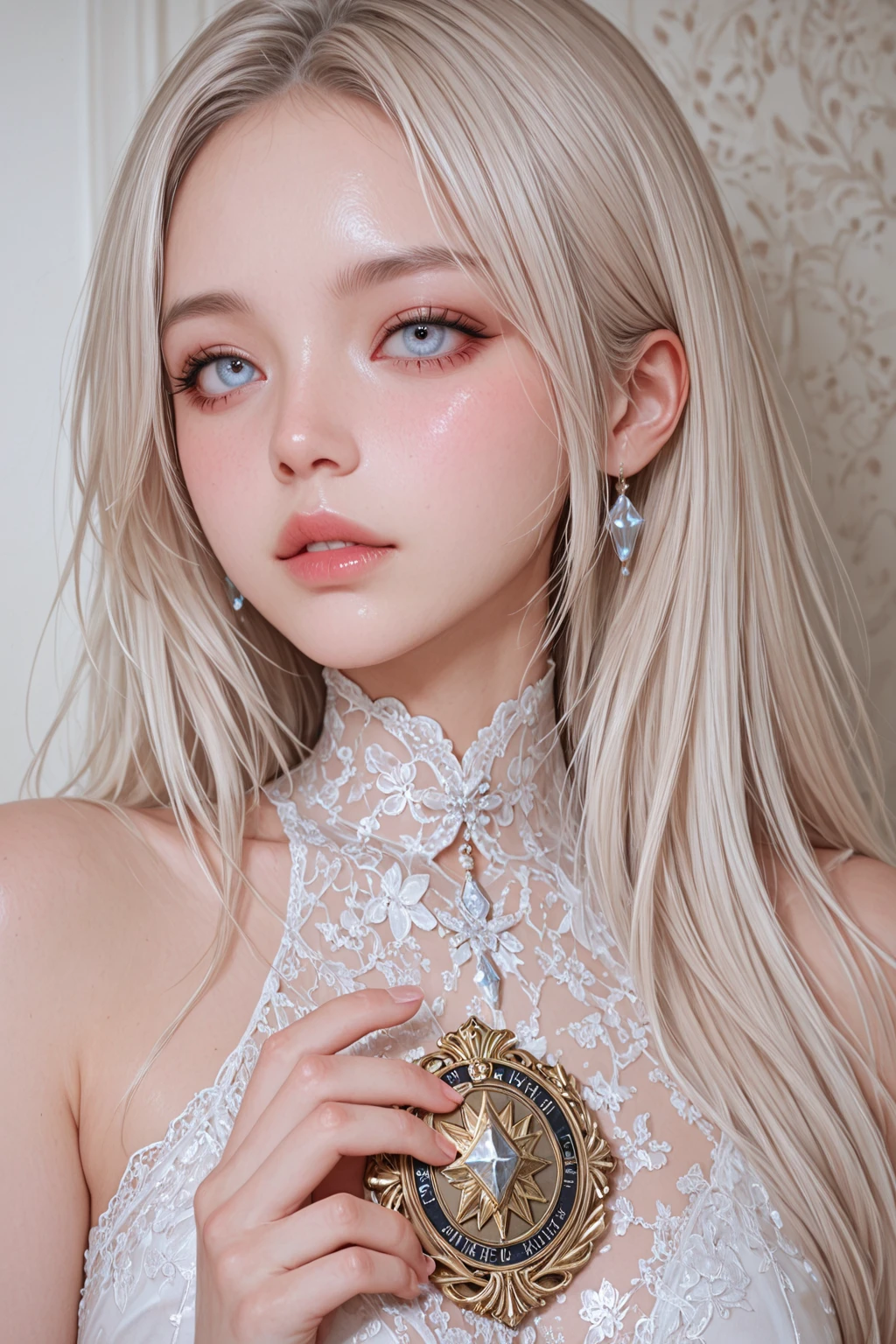 1 miniature Beautiful beautiful woman - Yuan Sayuki, ((top quality, 8K, Masterpiece:1.retty woman, 1 woman, :1.3, a slim body:1.1, lush white Long hair, (shower, wet body, wet clothes:1.1), very detailed face, detailed lips, detailed eyes, double eyelids, Detailed blue eyes, чрезвычайно Detailed Outstanding Blue Eyes, short white wet hair, white wet hair, Detailed Outstanding Blue Eyes, innocent look at the viewer, very wet wavy white hair, Detailed Outstanding Blue Eyes, huge cross earrings, Outdoors, badges behind, gothic wedding uniform,  gothic style wedding dress with veil,  ,  tattoo wearing a wreath, detailed huge earrings,  tattoo, Outside - there are trees and a buddhist temple in the background, wear a silver cross (Detailed cross shape), reality mode, wet , black necklace, black wedding dress and black veil, human crowd behind, head/forehead chain veil, black  gloves,  ,  ,  , hair of white snowy colour, night time, red neon lights, demonic nun, nimbus (golden lighting ring above her head)