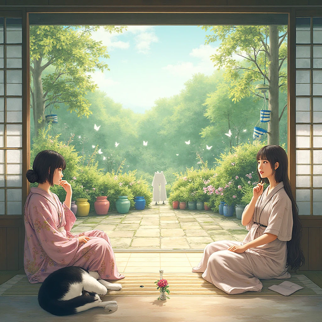 A beautiful 15 year old girl, light purple long hair, dark green hair buns, elaborate hairstyle, sitting in a zen garden,  fairy tale,  charming,  and illusory engine 5 rendering 8k, prospect, intricately detailed,  hyperdetailed,  hyperrealistic,  magical lighting,  hd,  outlines,  blur,  dynamic composition,  pastel colors,  wide angle, cinematic,  super detailed,  realistic octane render 8k,