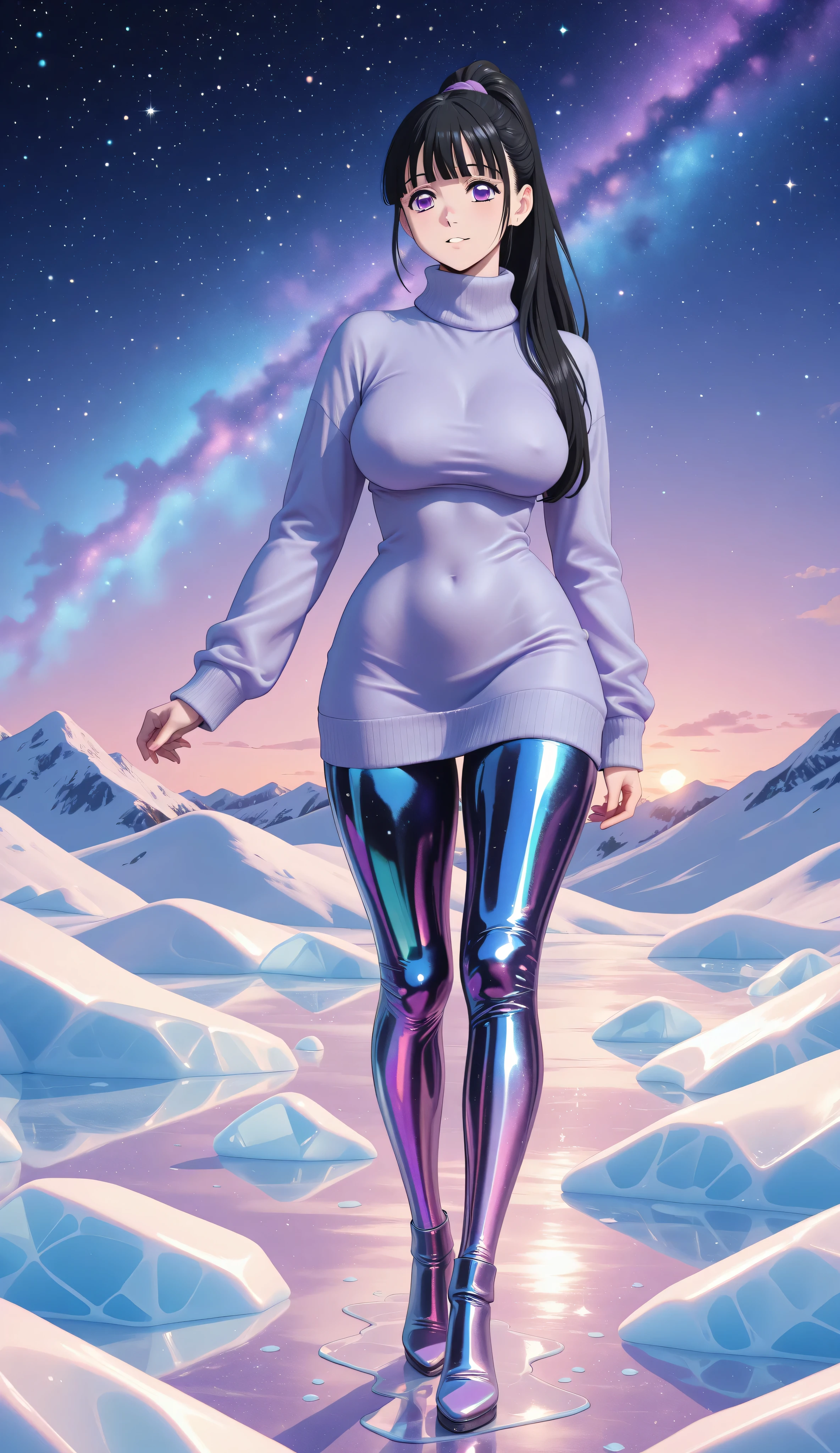 Perfect anatomy. Photo RAW. masterpiece. ultra high definition. top quality. Hyper-detailed. 8K. Bright colors, higher contrast and sharpness.
source_anime, Scudo , long hair, black hair, ponytail, purple eyes, very large and round breasts..
Wear a short sweater in white, Grooved, with long sleeves, turtleneck, gorro blanco Grooved con adorno de mariposa en el lado izquierdo.
(((Metallic shiny latex leggings,))) narrow waist. wide hips, thighs and wide legs. ((Walking on a block of ice at the North Pole,)) Natural starry sky light, light with a navy blue to purple gradient. posing with sensuality . resolution garden, flirty hands,