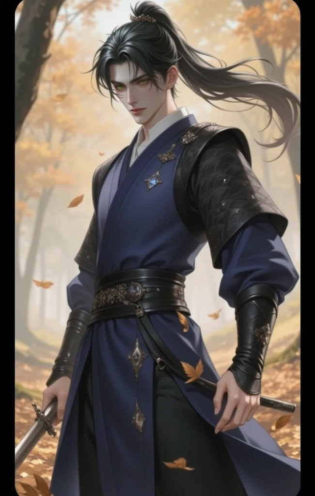 Handsome black-haired male general holding a large sword in blue ancient Chinese general costume, walking In the middle of lavender fields , Surrounded by lavender fields, purple, with green mountains in the background, low clouds, the sun is about to set, close up.