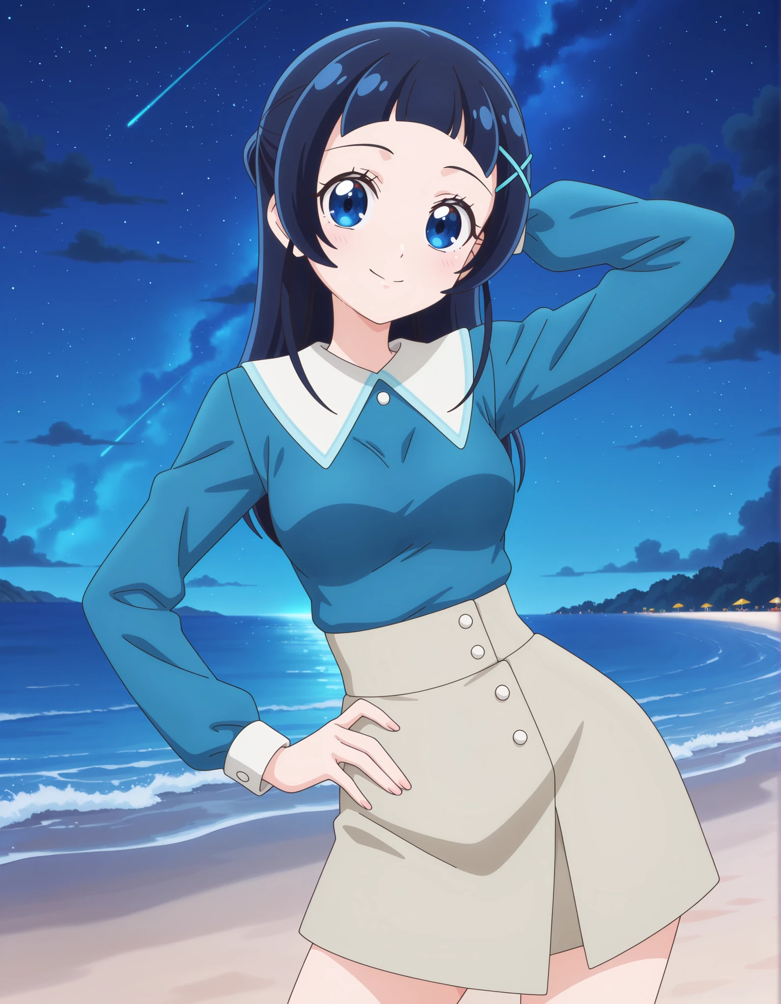 aokazenana, anime screencap, solo,1girl, looking at viewer, hair ornament ,long sleeves, shirt, skirt, x hair ornament, hairclip, blue shirt, dress, medium breasts, high quality, closed mouth, solo, cowboy shot, night sky, beach, hand behind head, hand on hip, ((contrapposto)), looking at viewer, smile, best quality,