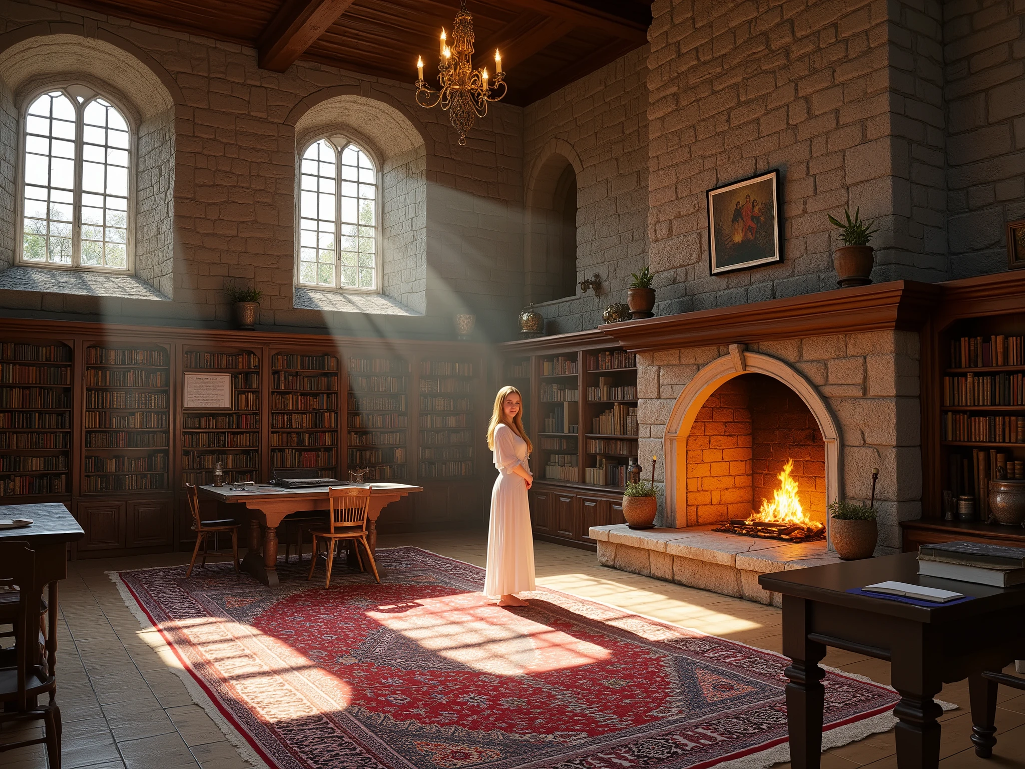 Photorealistic, A detailed photograph of a Large, sunlit medieval-style library/study room. High, beamed wooden ceilings, stone walls, and arched windows. Warm, golden sunlight streams into the room, casting shadows across the patterned rug. A large stone fireplace with a crackling fire is centrally located. Bookshelves filled with antique books line one wall and extend into the room. Dark, wooden furniture includes a dining table, chairs, and a small side table. A rich, textured rug covers the floor, creating a warm atmosphere. A chandelier with candles hangs centrally above the fireplace. there is a woman standing in front of the fire, she has long blonde hair and a perfect figure, she is wearing a long white silk dress, she is looking at the camera smiling, Detailed artwork on the wall. Gothic architecture style, detailed textures and colors evoking warmth and comfort. Muted color palette of grays, browns, tans, and reds. Realistic lighting effects showcase a warm and inviting ambiance. Detailed wood grain and stone patterns are highly visible. Perspective and composition are carefully balanced, highlighting the depth and grandeur of the room. Historical fiction or fantasy setting.