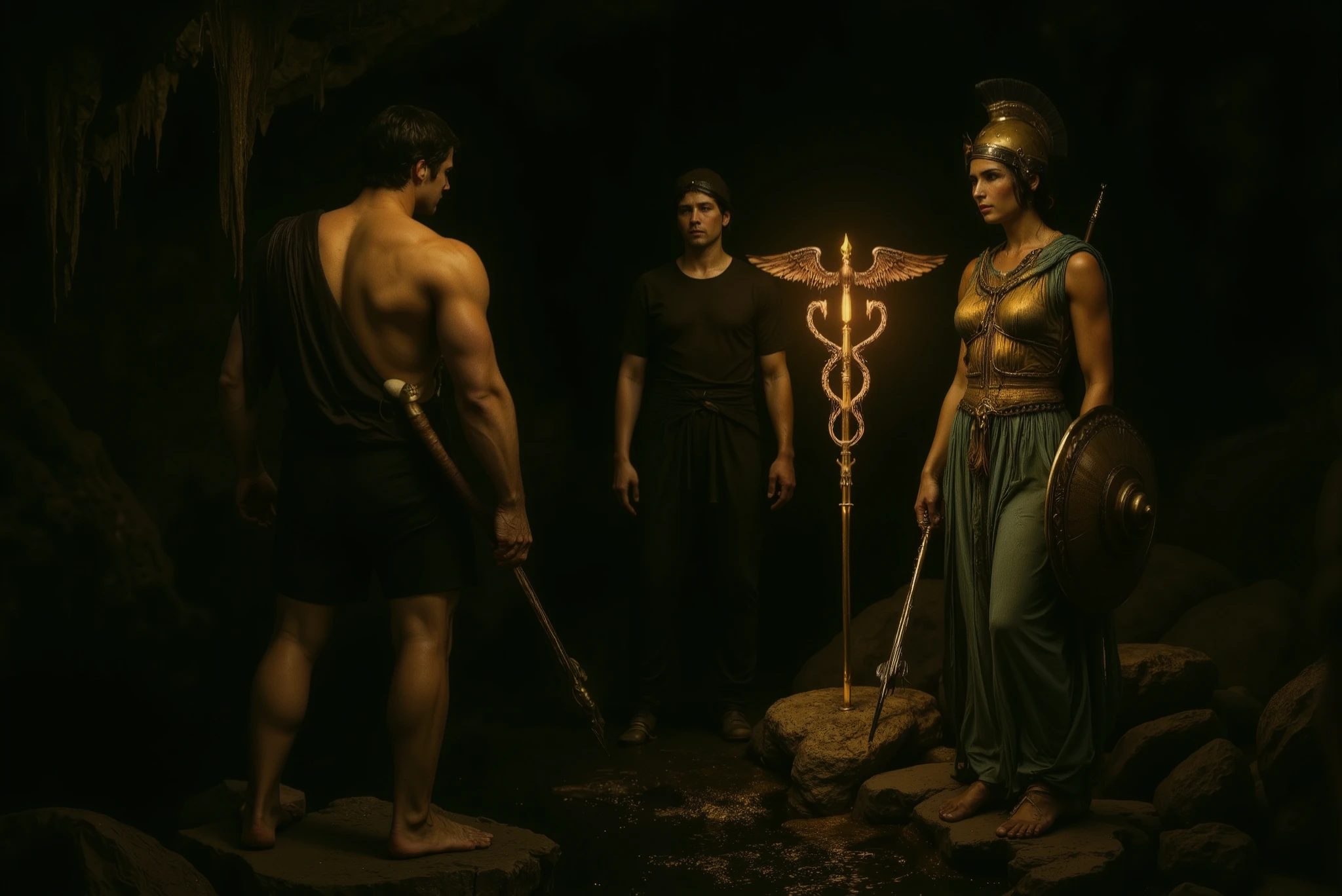 A dark fantasy scene in realistic style, horizontal format (16:9). Deep inside a vast underground cavern, a wide and deep black river flows slowly, its surface shimmering faintly with reflections of a warm, golden-orange light. The source of this light is the glowing caduceus held by Hermes, casting flickering illumination across the jagged rocks and the rippling water. The cavern walls are rough and shadowy, adorned with sharp stalactites and stalagmites that frame the scene with dramatic texture.
On the rocky bank of the river stand three mythological figures: Hercules, Hermes, and Athena. Hercules is on the left, muscular and barefoot, wearing the dark pelt of the Nemean lion draped over his shoulder. He holds a large wooden club in his right hand and gazes toward the river with a determined posture. Hermes stands in the center, wearing a black tunic and winged helmet, holding the radiant caduceus upright in his right hand. His expression is calm and focused. Athena stands to the right, wearing a golden breastplate over a flowing sky-blue tunic. Her Corinthian helmet is adorned with a plume, and she holds a round golden shield in her left hand while her right hand rests on a long spear.
The golden light from the caduceus reflects off the water and illuminates the figures, creating a strong contrast with the surrounding darkness. The atmosphere is mystical and solemn, with the vastness of the river suggesting a threshold to the unknown.