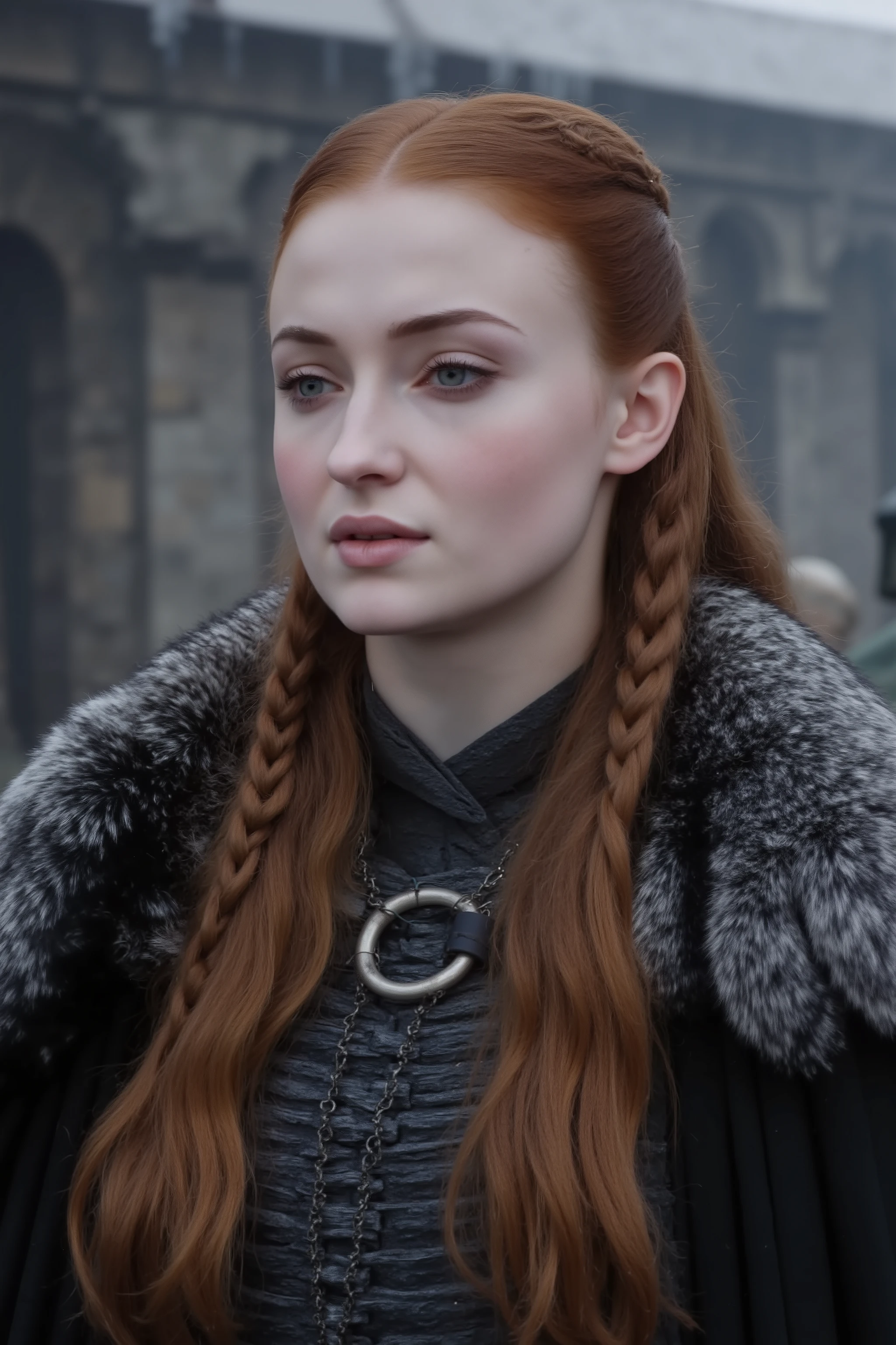 Season one Sansa in Winterfell, (young winter beauty:1.2), traditional Northern dress with thick wool and fur trim, long auburn hair with simple Stark-style braids, bright innocent blue eyes, tall for her age, proper young lady's bearing, fresh complexion pink from cold, surrounded by Winterfell's stone architecture, (icicles hanging from battlements:1.2), snow falling gently, castle life continuing in winter, warm torchlight against grey stone