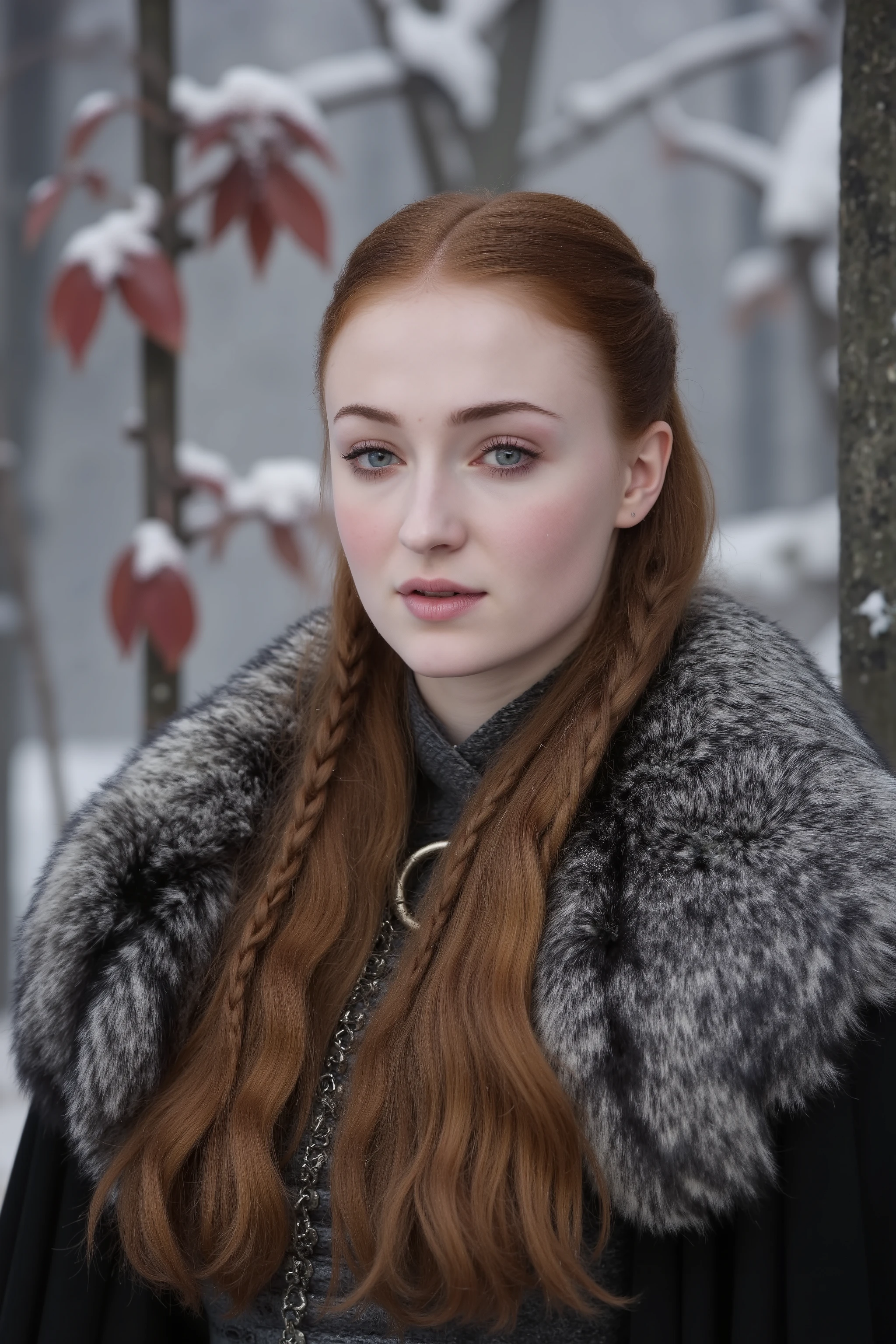 Early Sansa Stark winter portrait, (Northern princess innocence:1.2), practical but fine Northern clothing, carefully arranged auburn hair with traditional braids, clear blue eyes, hopeful expression, standing in Godswood, (snow-covered heart tree:1.2), red leaves against white snow, cold winter light filtering through bare branches, high detail capture of youth and Northern nobility, elegant composition in winter setting