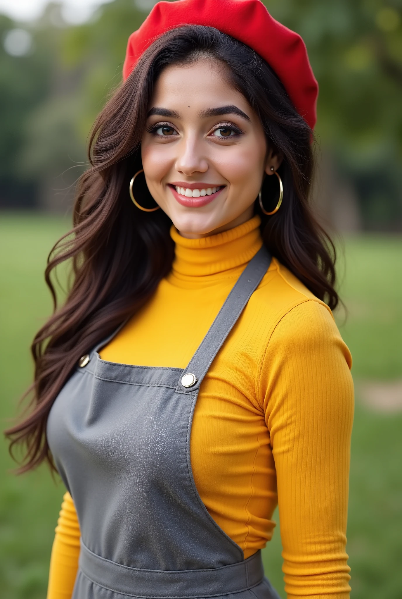 anaswarasdxl, ashk, Full body image of a 20 year old Indian girl with smiling look, fair skin tone, light grey eyes, fox eyelashes, thin eyebrows, black eye liner, silver eyeshadow, natural blush, and red lipstick. Her hairs are long, brown, wavy and stylish. She is wearing a yellow turtle neck top, grey apron, red beret and hoop earrings. She is standing outdoors in a sexy pose. Photorealistic, ultra realistic, detailed skin, soft lighting, ultra-detailed textures, 8K resolution, masterpiece.