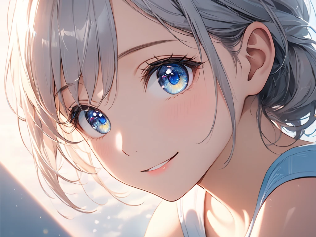 short hair、Silver Hair、Twinkling eyes、blue eyes、Three pairs of angel wings、Embarrassing、shine、reflected light、Film Grain、masterpiece、Textured skin、Super Detail、High Detail、high quality、最high quality、High resolution,Pool,blue sky,Swimwear,summer
