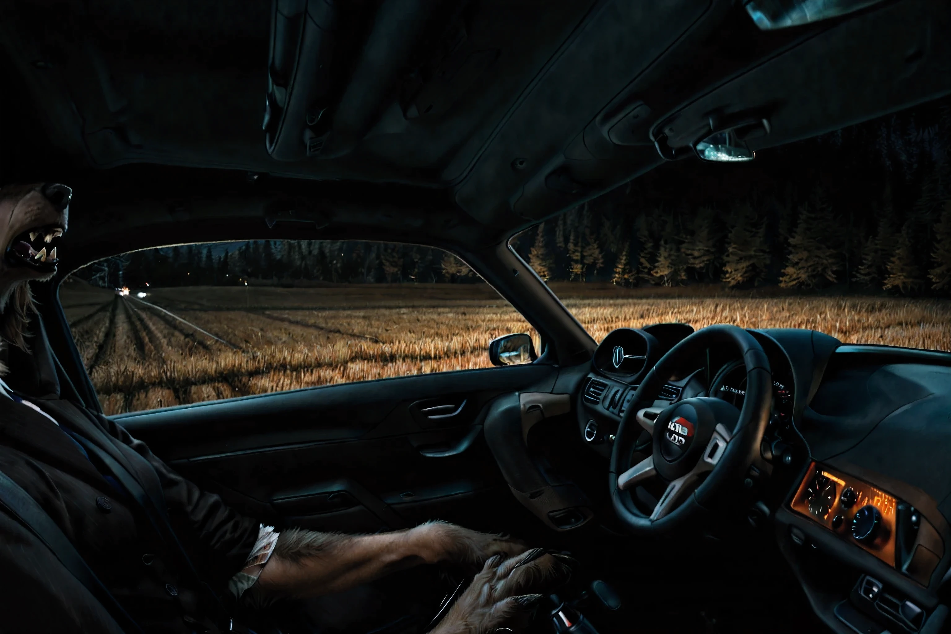 driving:1.2, head down, view from back:1.1, look down, dynamic pose, mid transformation, transfur, [human: wolf:0.7], human morfing into werewolf, [pale wolf: female:0.3], [white fur: human skin:0.3], human feet, beautiful face:1.2, short limbs, long body, [human face: snout:0.9] human skin:1.3, human nose:1.1, fangs, human eyes, human ears:1.1, ribs:1.1, belly, dog nipples, [nails: claws:0.9], virus, infection, veins, corrupt, wound from bite, bitten, torn shoes, torn jacket, suit:1.2, slobbering, hard breathing, lose control, inside car, wheel, shaking, hysteria, shamed, in pain, , shoked, very tight, darkness, night, field, parallax effect, fine painting, HD, full hd, 4k, 8k, diverse color palette, cold colours, super quality, ultra detailed, extra detailed, realistic,