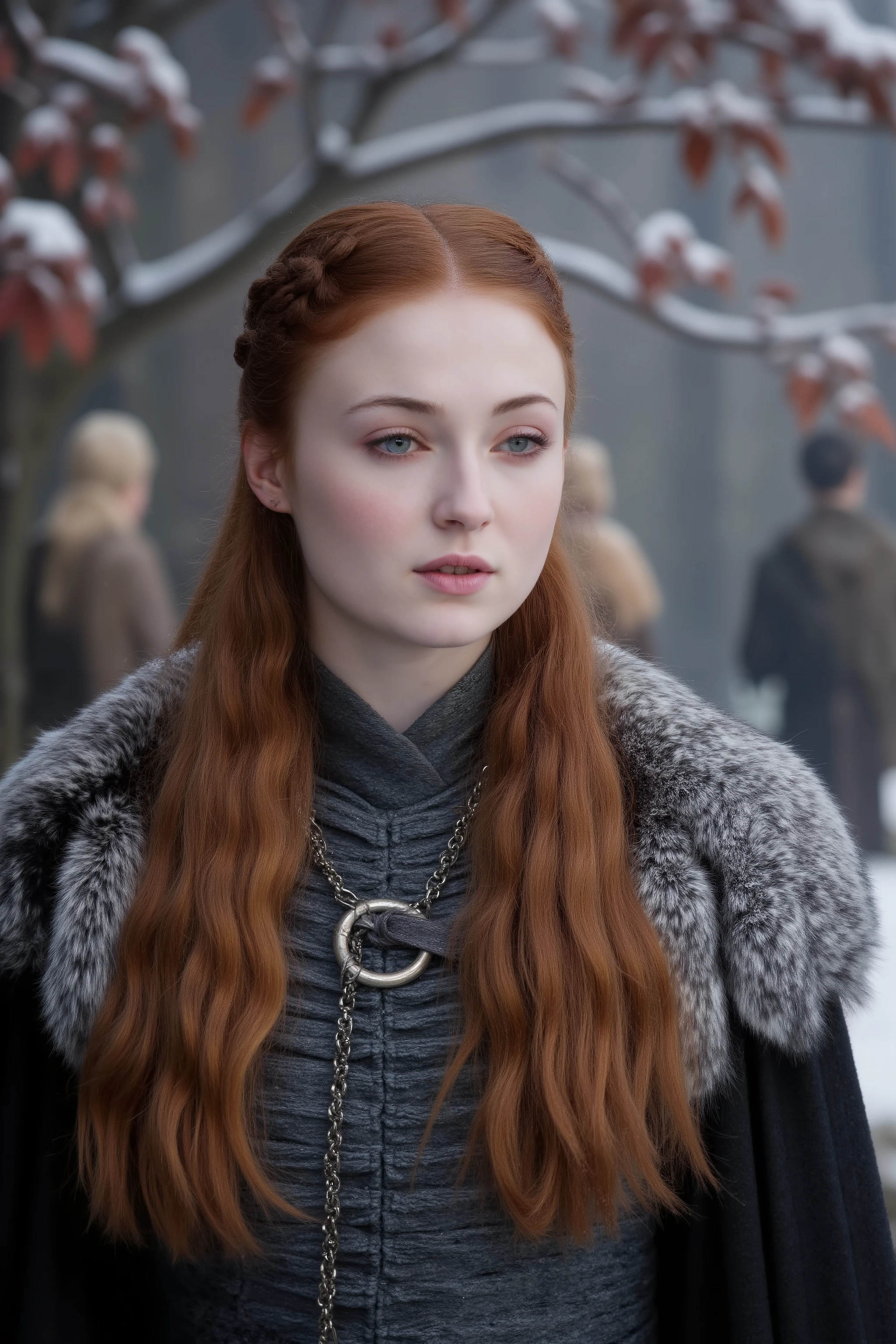 Early Sansa Stark winter portrait, (Northern princess innocence:1.2), practical but fine Northern clothing, carefully arranged auburn hair with traditional braids, clear blue eyes, hopeful expression, standing in Godswood, (snow-covered heart tree:1.2), red leaves against white snow, cold winter light filtering through bare branches, high detail capture of youth and Northern nobility, elegant composition in winter setting