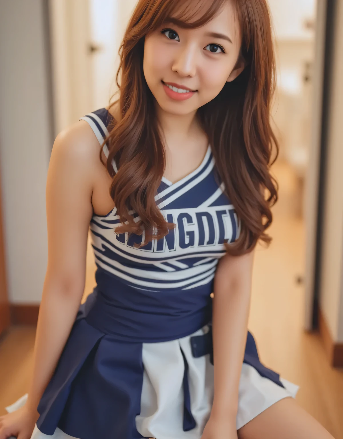 cheerleader uniform, pleated mini skirt, detailed closeup portrait, cute young woman, looking at camera, confident expression, natural skin, long brown hair, high resolution, 8K, photorealistic, professional photography, studio lighting, shallow depth of field, warm color palette, cinematic lighting