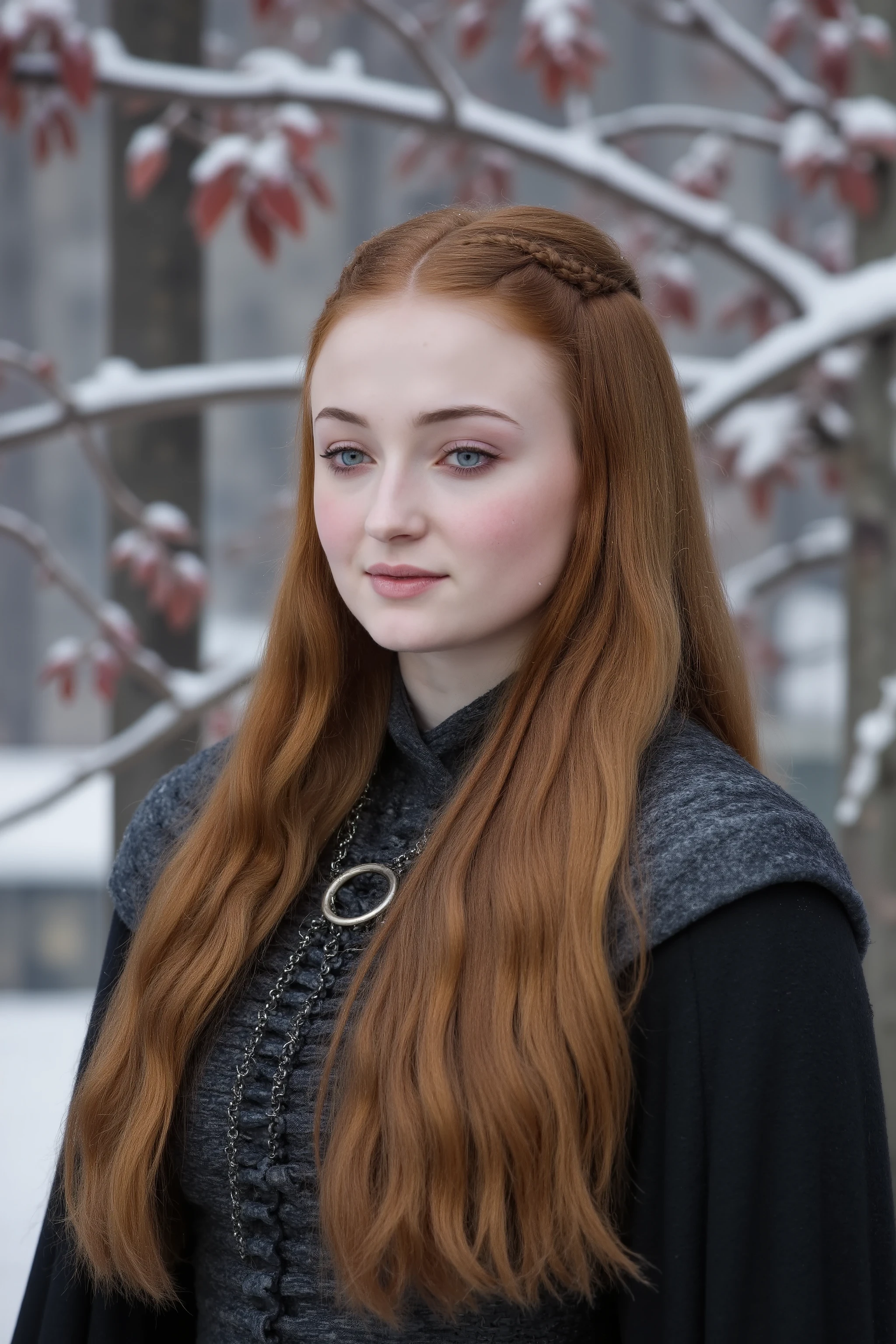 Early Sansa Stark winter portrait, (Northern princess innocence:1.2), practical but fine Northern clothing, carefully arranged auburn hair with traditional braids, clear blue eyes, hopeful expression, standing in Godswood, (snow-covered heart tree:1.2), red leaves against white snow, cold winter light filtering through bare branches, high detail capture of youth and Northern nobility, elegant composition in winter setting