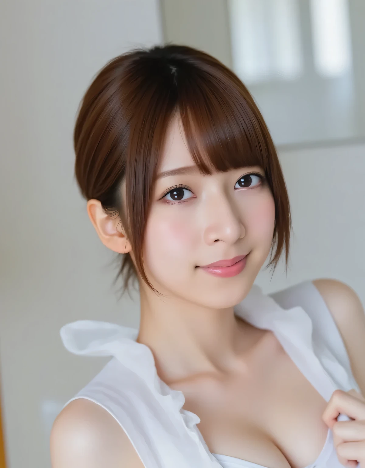 

8k、VERY DETAILED PICTURES、intelligent face、 Beautiful girls with transparent bodies、Looks fun、have a beautiful body line、thighs、Aesthetic sensitivity、Polished、A beautiful atelier where the sun shines、laugh a little、curly hair、sheer pure white petticoat、slightly from the side、looking away、Beautiful breasts、Playful、sitting、Innovative composition、fair skin、Innocent Girl、Taken from above、Looking at the camera