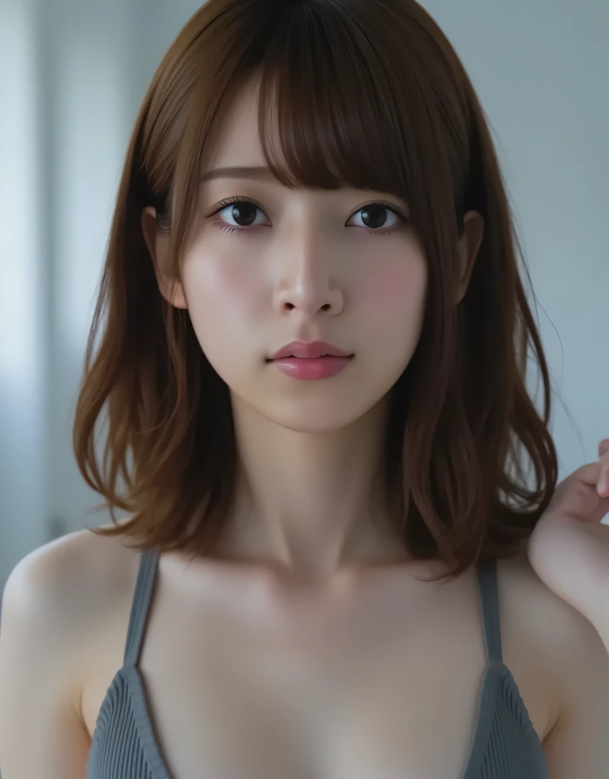 nsfw, With a girl ( very_is big_chest), beautiful eyes in every detail , beautiful detailed lips , very detailed face, long lashes , erotic , sensual, Intimate, Enchant , ( Highest Quality ,4K,8k, high definition,masterpiece:1.2), Ultra Detailed ,( realistic,photo realistic,photo- realistic:1.37), bright color, chiaroscuro lighting , dramatic lighting , like a movie , Concept Art<((( low angle shot、biologically accurate image、 taken from the direction of the buttocks :1.22, lean forward , loose open shirt 、 no underwear))), 1 Japanese Woman, hotel room 、 indirect lighting 、( nude),(completely naked),