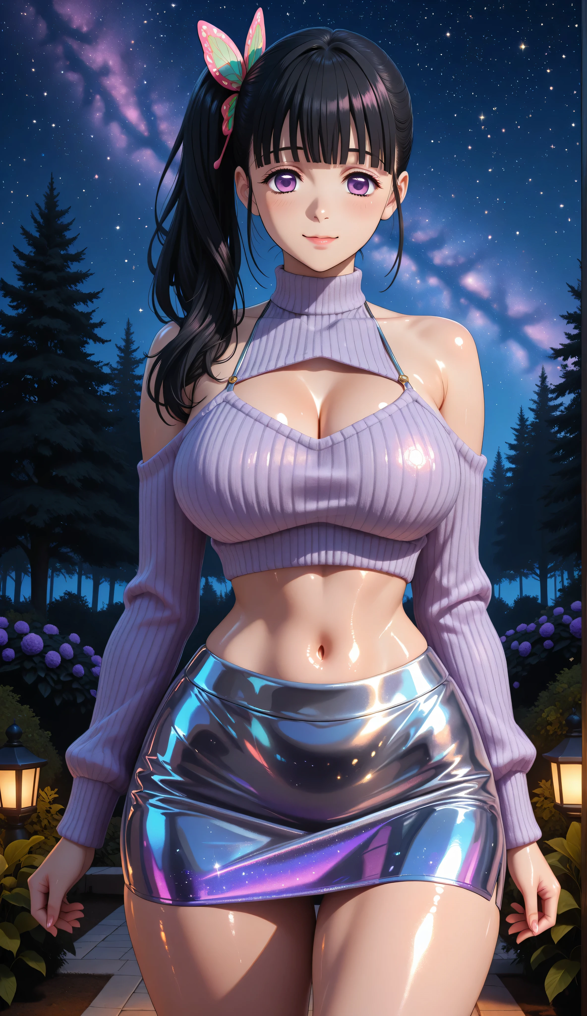 Perfect anatomy. Photo RAW. masterpiece. ultra high definition. top quality. Hyper-detailed. 8K. Bright colors, higher contrast and sharpness.
source_anime, Scudo , long hair, black hair, side ponytail, hair ornament, purple eyes, very large and round breasts..
Wear a short shiny metallic sweater, with long sleeves, bare shoulders and navel, clavicle, thin straps, Halter neckline
(((Shiny metallic latex miniskirt,))) narrow waist. wide hips, thighs and wide legs. dark forest, Natural starry sky light, light with a navy blue to purple gradient. posing with sensuality . resolution garden, flirty hands,