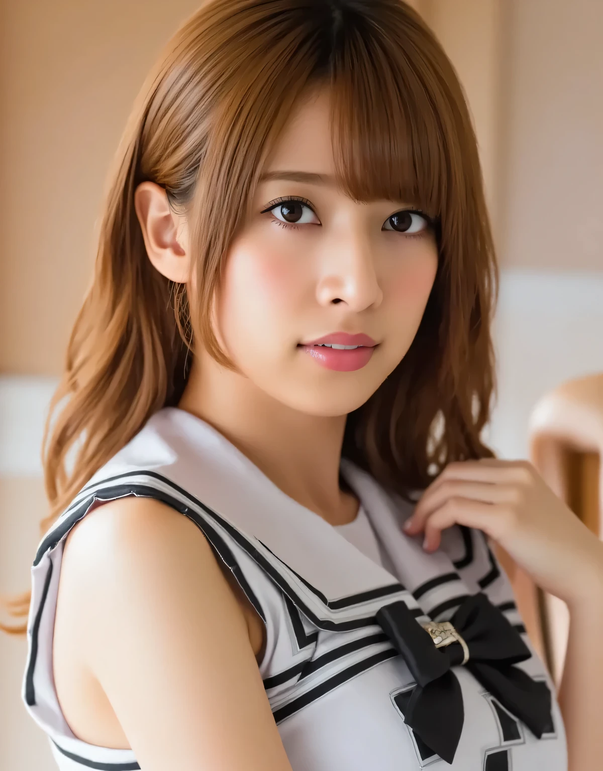 cheerleader uniform, pleated mini skirt, detailed closeup portrait, cute young woman, looking at camera, confident expression, natural skin, long brown hair, high resolution, 8K, photorealistic, professional photography, studio lighting, shallow depth of field, warm color palette, cinematic lighting