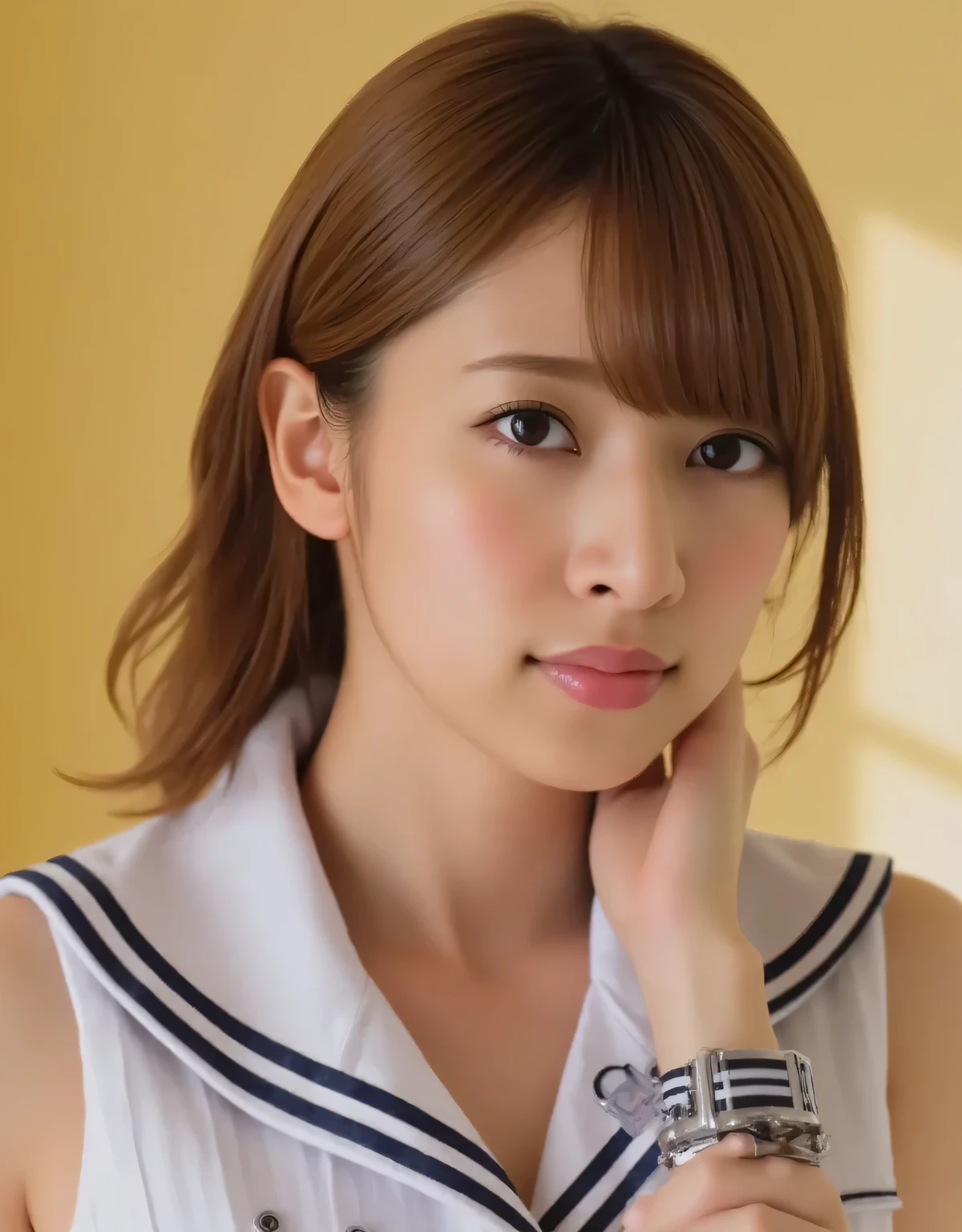 cheerleader uniform, pleated mini skirt, detailed closeup portrait, cute young woman, looking at camera, confident expression, natural skin, long brown hair, high resolution, 8K, photorealistic, professional photography, studio lighting, shallow depth of field, warm color palette, cinematic lighting