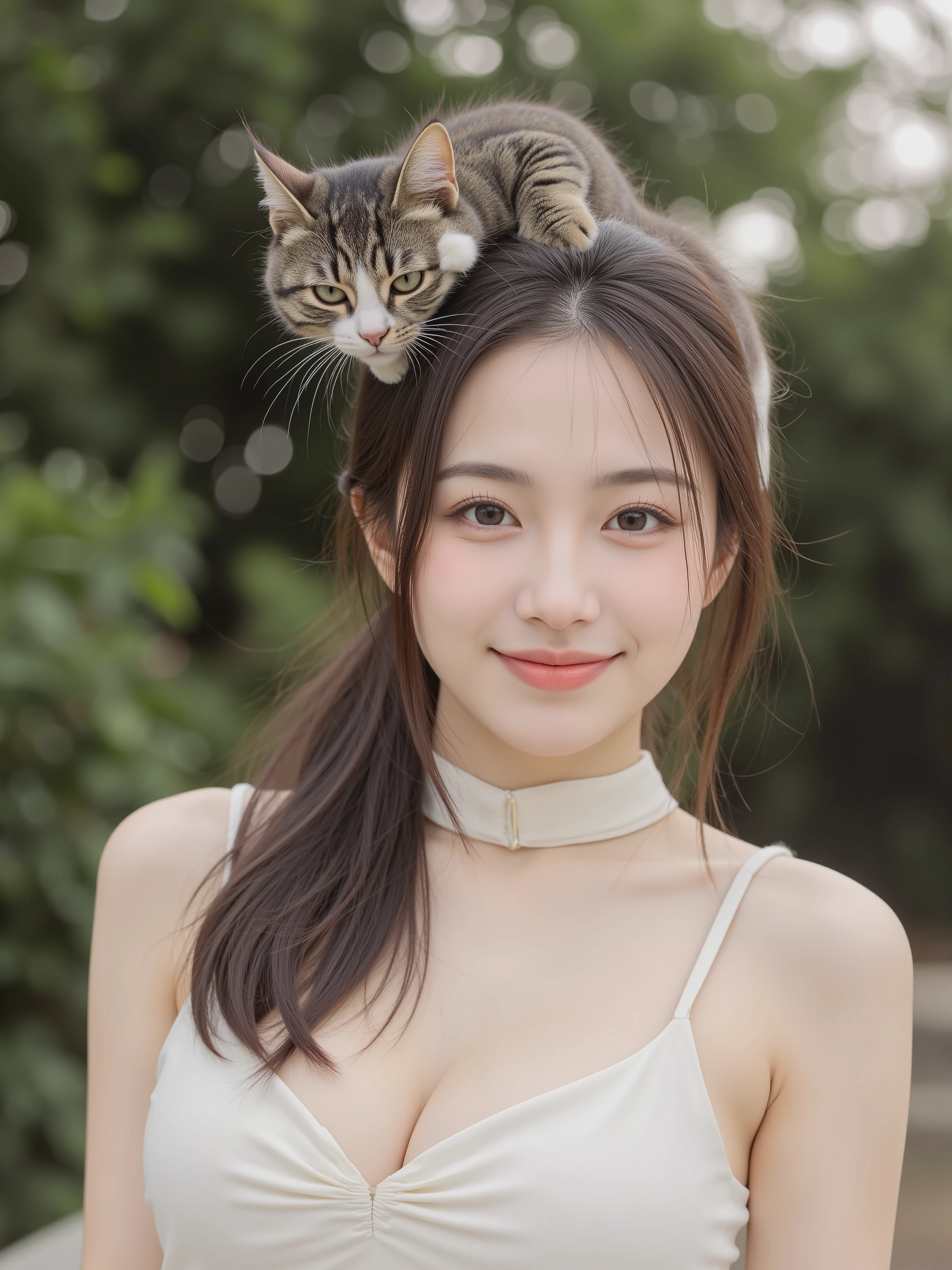 Beautiful woman carrying a cat with a cute collar on her head and shoulders,Realistic,Portrait,Excellent Details,High Quality,4K,HDR,Soft light ,Gentle Colors,brilliant,Elegant,Delicate Expression, cheerful,Elegant posture,natural smile,fine texture,Delicate Brushwork,The focus is sharp