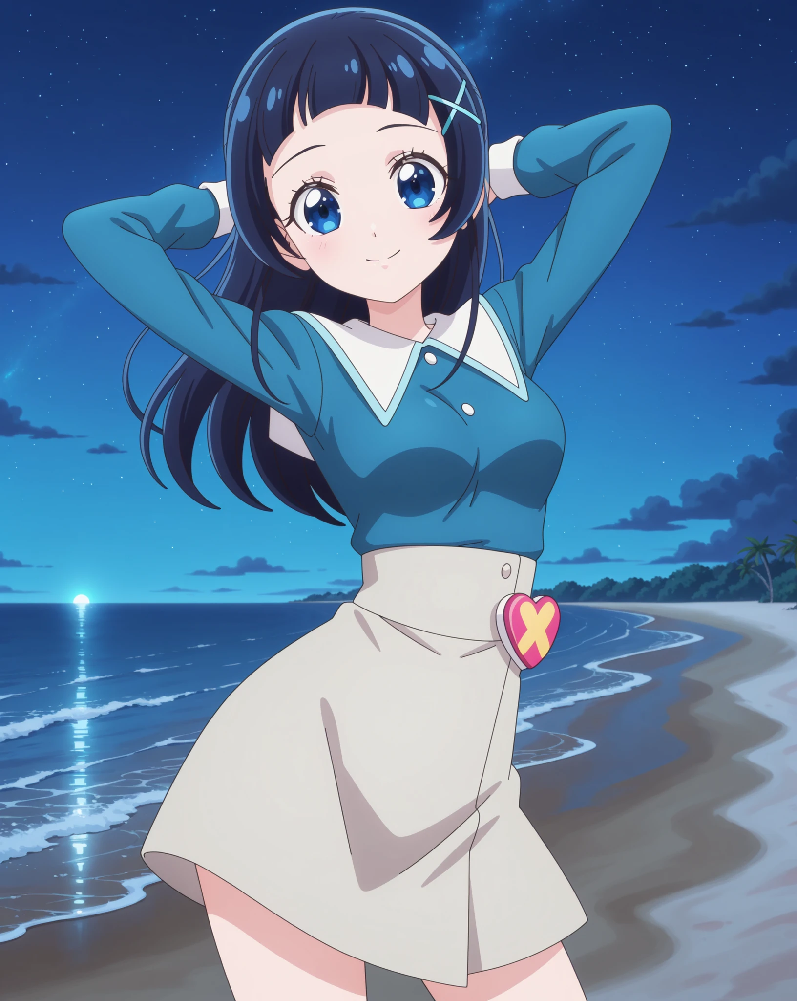 aokazenana, anime screencap, solo, 1girl, looking at viewer, hair ornament ,long sleeves, shirt, skirt, x hair ornament, hairclip, blue shirt, dress, medium breasts, high quality, closed mouth, solo, cowboy shot, night sky, beach, hands behind head, ((contrapposto)), looking at viewer, smile, best quality,