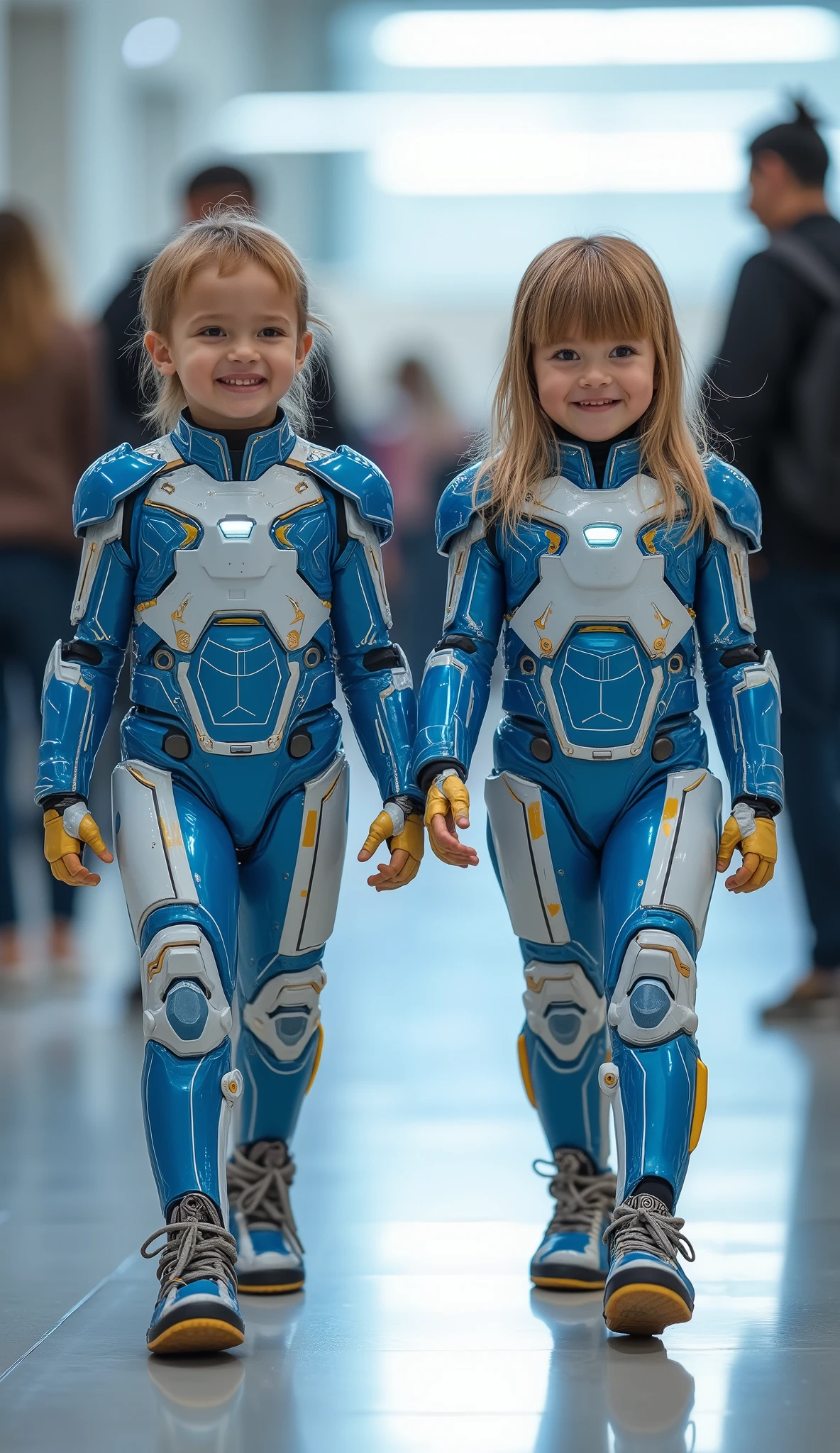character: 1 toddler boy blonde hair and 1 toddler girl blonde hair Straight with bangs .
action: Walking straight.

Expression : smiling. Looking at the camera.

Costume : they Wearing futuristic Light blue white electric gundam ironman body suit with futuristic yellow  accents armor. Full body view.

 Background :  A bright indoor public space ,  with people vaguely seen in the distance ,  indicates that this picture was taken at a fun event or meeting ,  may be a convention or costume party .  They radiate happiness while walking confidently in their superhero costumes. Full body.