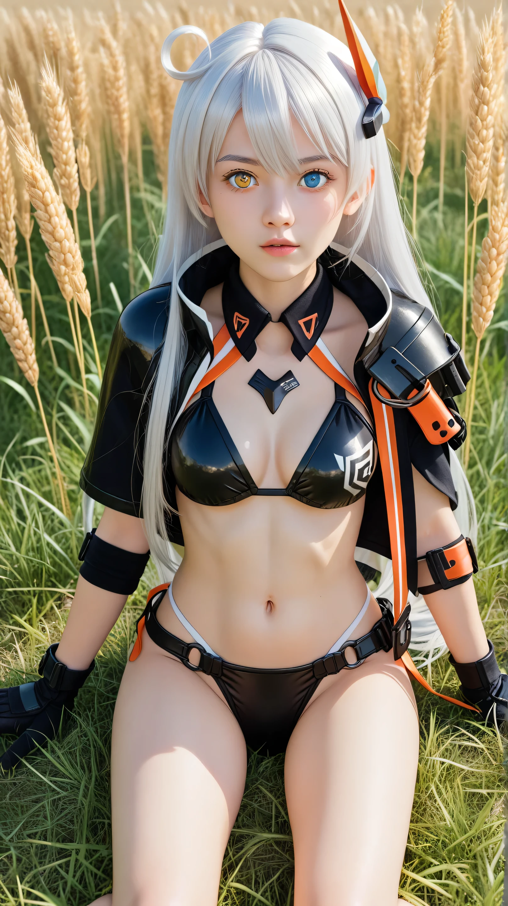 1girl, solo,kiana kaslana void drifter,white hair,long hair,outdoors,potrait,medium breast,heterochromia eyes,(front view:1.4),looking at viewer, potrait,close up,(teen girl:1.5),(bikini armor:1.5),(sitting on grass wheat field:1.5),hair ornament,(black glove:1.4)