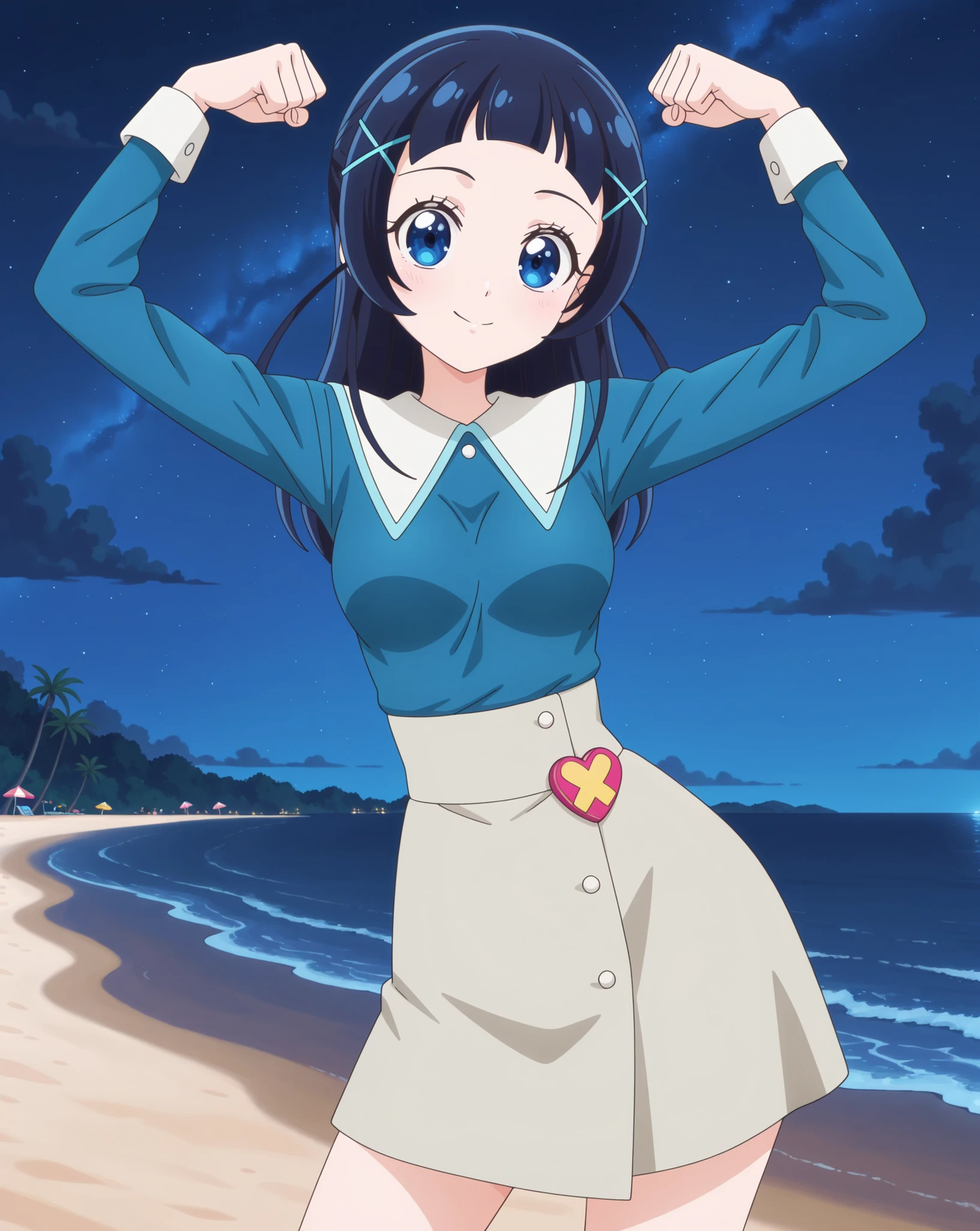 aokazenana, anime screencap, solo, 1girl, looking at viewer, hair ornament ,long sleeves, shirt, skirt, x hair ornament, hairclip, blue shirt, dress, medium breasts, high quality, closed mouth, solo, cowboy shot, night sky, beach, arms up, flexing, arms above head, ((contrapposto)), looking at viewer, smile, best quality,