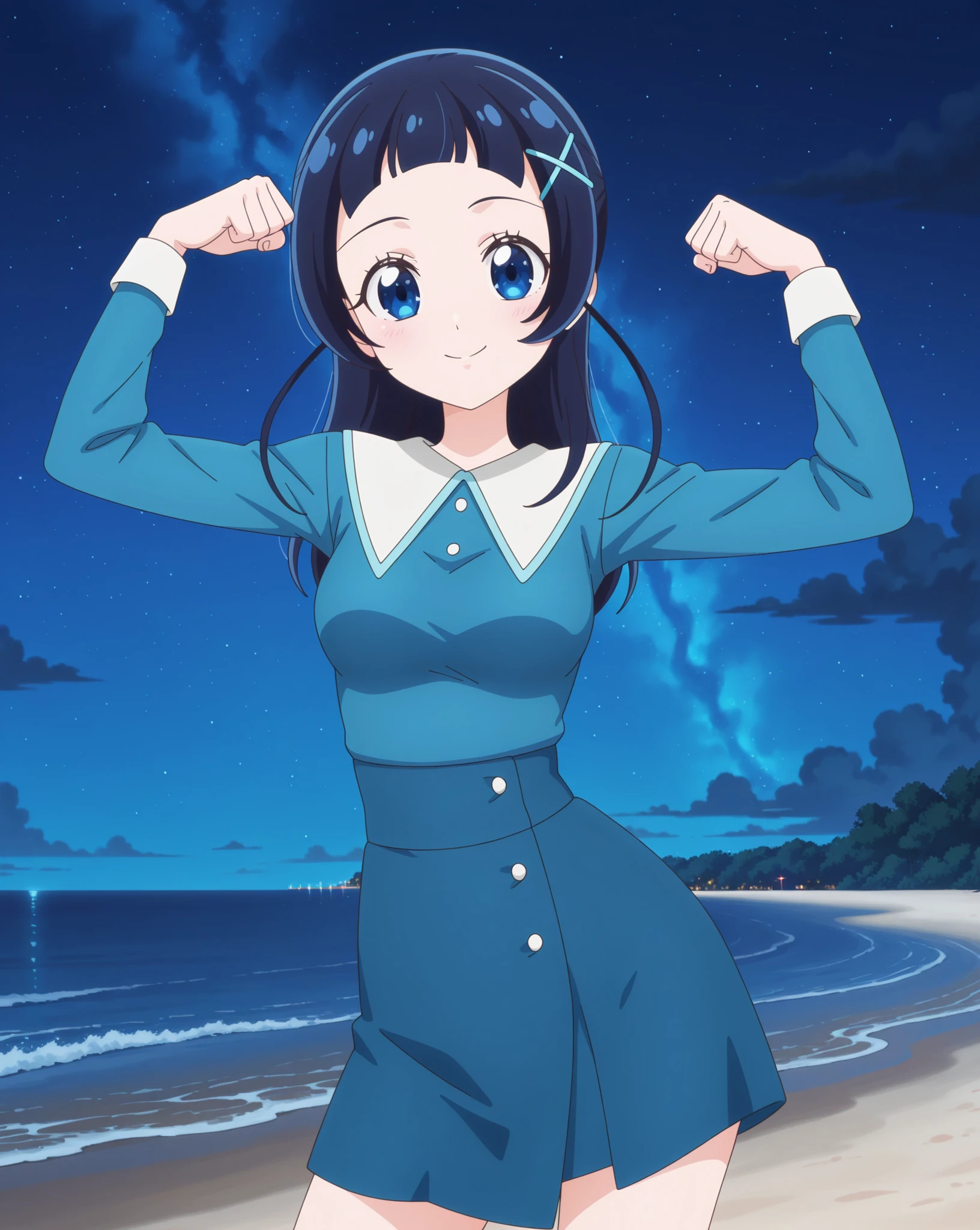 aokazenana, anime screencap, solo, 1girl, looking at viewer, hair ornament ,long sleeves, shirt, skirt, x hair ornament, hairclip, blue shirt, dress, medium breasts, high quality, closed mouth, solo, cowboy shot, night sky, beach, arms up, flexing, arms above head, ((contrapposto)), looking at viewer, smile, best quality,