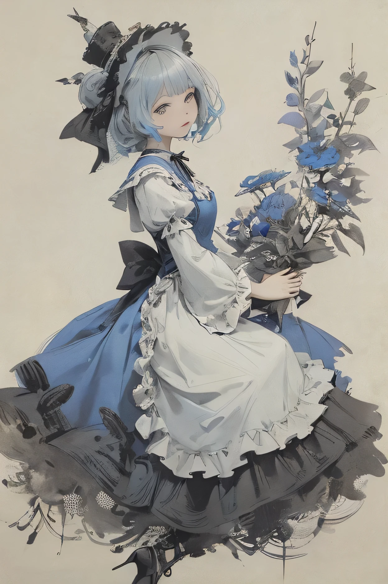 ink painting style、Alice in Wonderland、Alice in a Western-style dress、A blue dress and apron with frills、fantastic and mysterious atmosphere、Ink smudges and brushstrokes、and the texture of paper、monochrome、Cheshire cat with Alice、White Rabbit、Hatter、Trump soldiers drawn in ink painting、Mysterious and dreamy composition、Pale Shade、A fantastic forest and a mysterious gate are in the background、traditional ink painting style、artistic、Highest Quality、super high resolution
