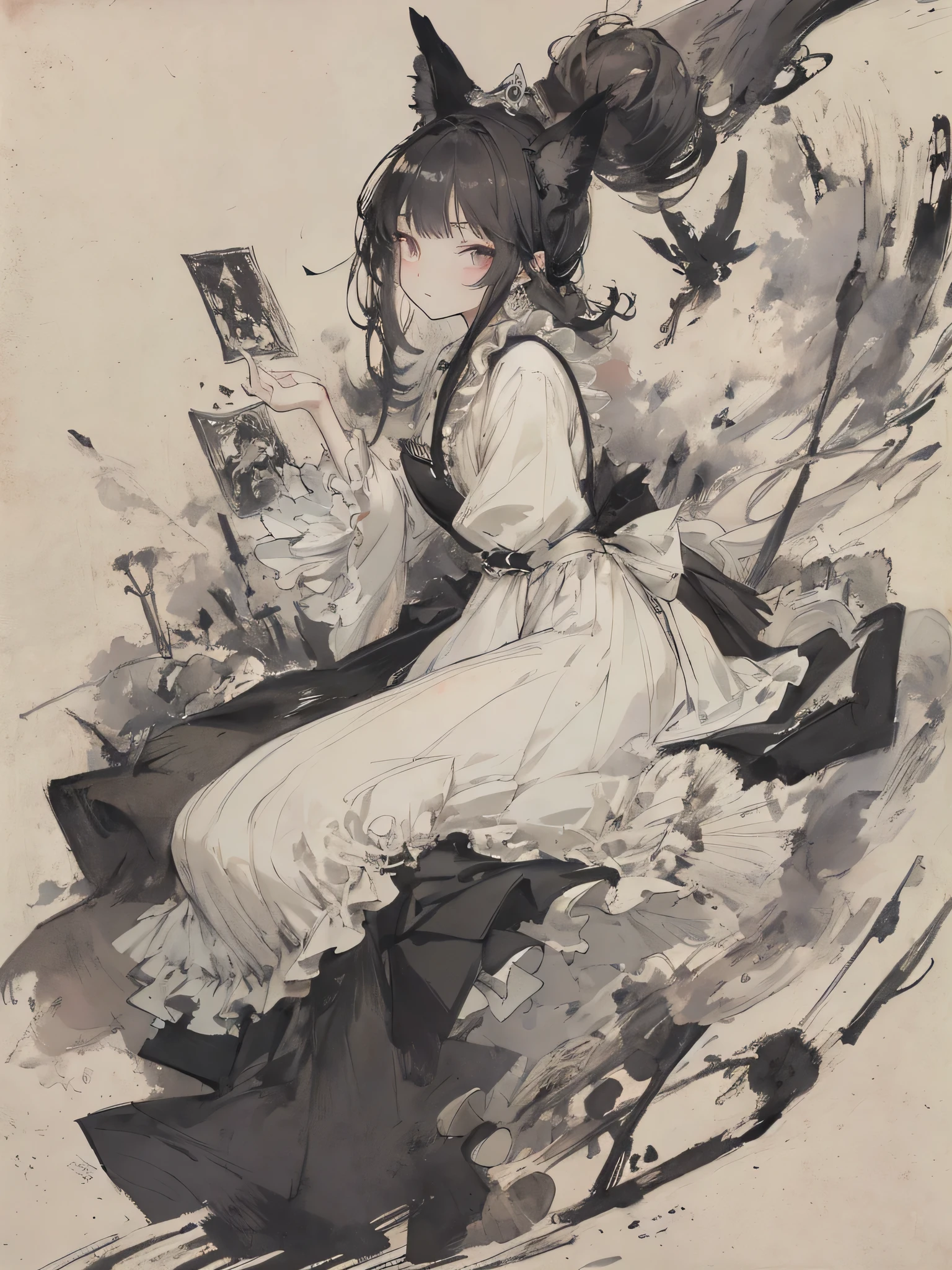 ink painting style、Alice in Wonderland、Alice in a Western-style dress、frilly dress and apron、fantastic and mysterious atmosphere、Ink smudges and brushstrokes、and the texture of paper、monochrome、Cheshire cat with Alice、White Rabbit、Hatter、Trump soldiers drawn in ink painting、Mysterious and dreamy composition、Pale Shade、There is a fantastic forest and a mysterious gate in the background、traditional ink painting style、artistic、Highest Quality、super high resolution
