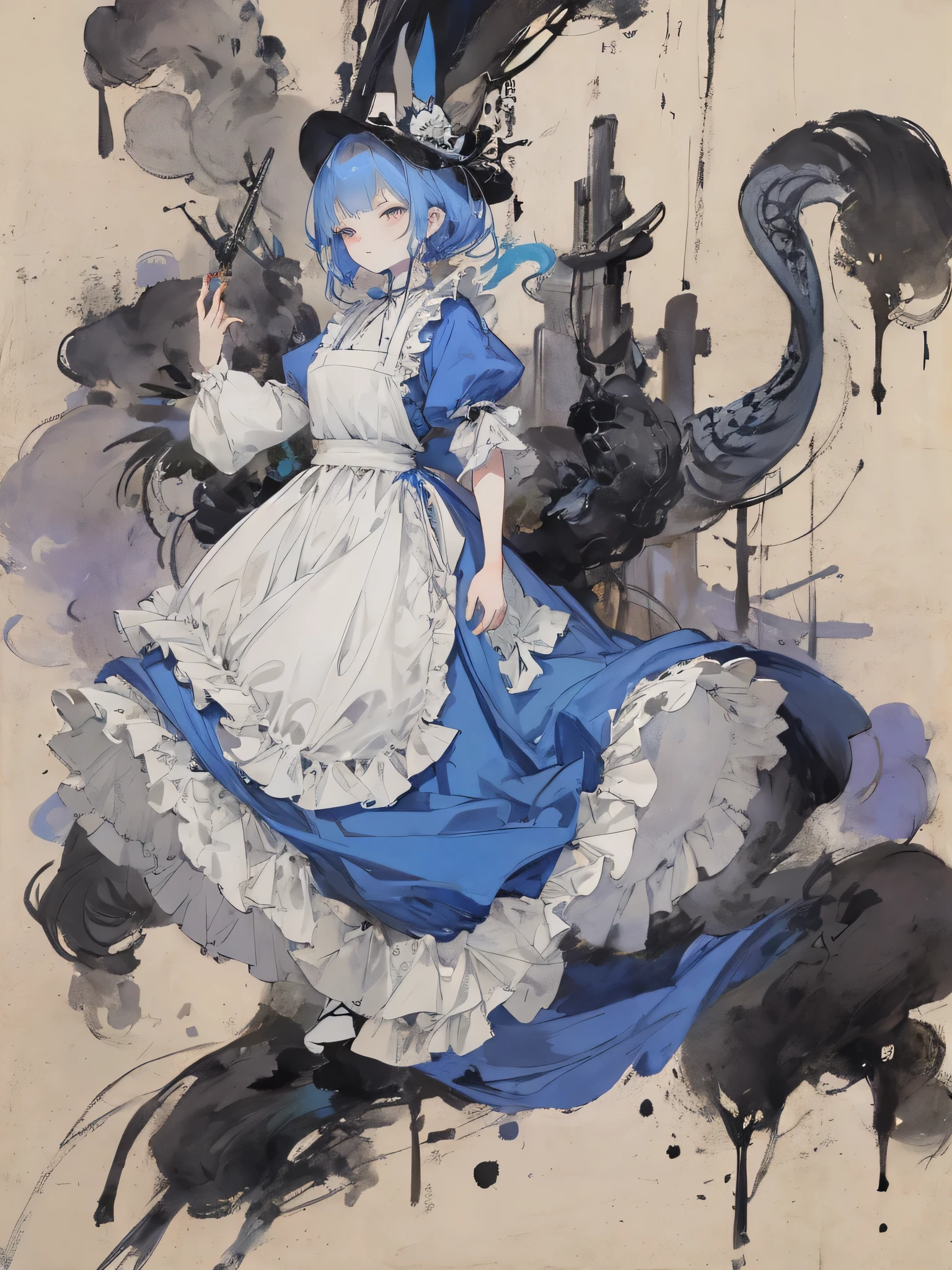 ink painting style、Alice in Wonderland、Alice in a Western-style dress、A blue dress and apron with frills、fantastic and mysterious atmosphere、Ink smudges and brushstrokes、and the texture of paper、monochrome、Cheshire cat with Alice、White Rabbit、Hatter、Trump soldiers drawn in ink painting、Mysterious and dreamy composition、Pale Shade、A fantastic forest and a mysterious gate are in the background、traditional ink painting style、artistic、Highest Quality、super high resolution
