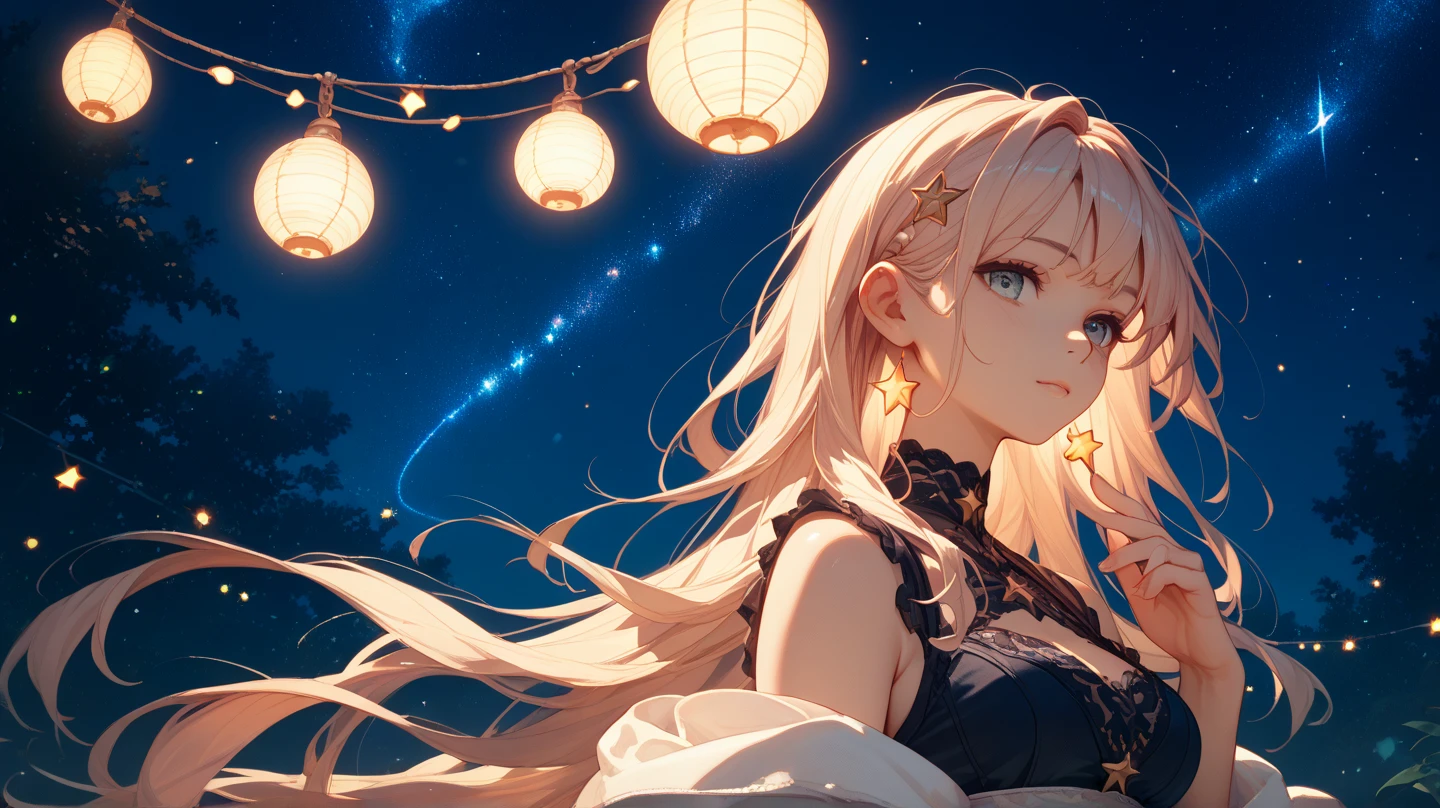 a blond、red eyes、one good looking girl、独奏、animesque、lightly dressed、Plaid 、flower petals、-legged、wetting hair、Black T-shirt、fullmoon、large tree、candle fire、fire flame