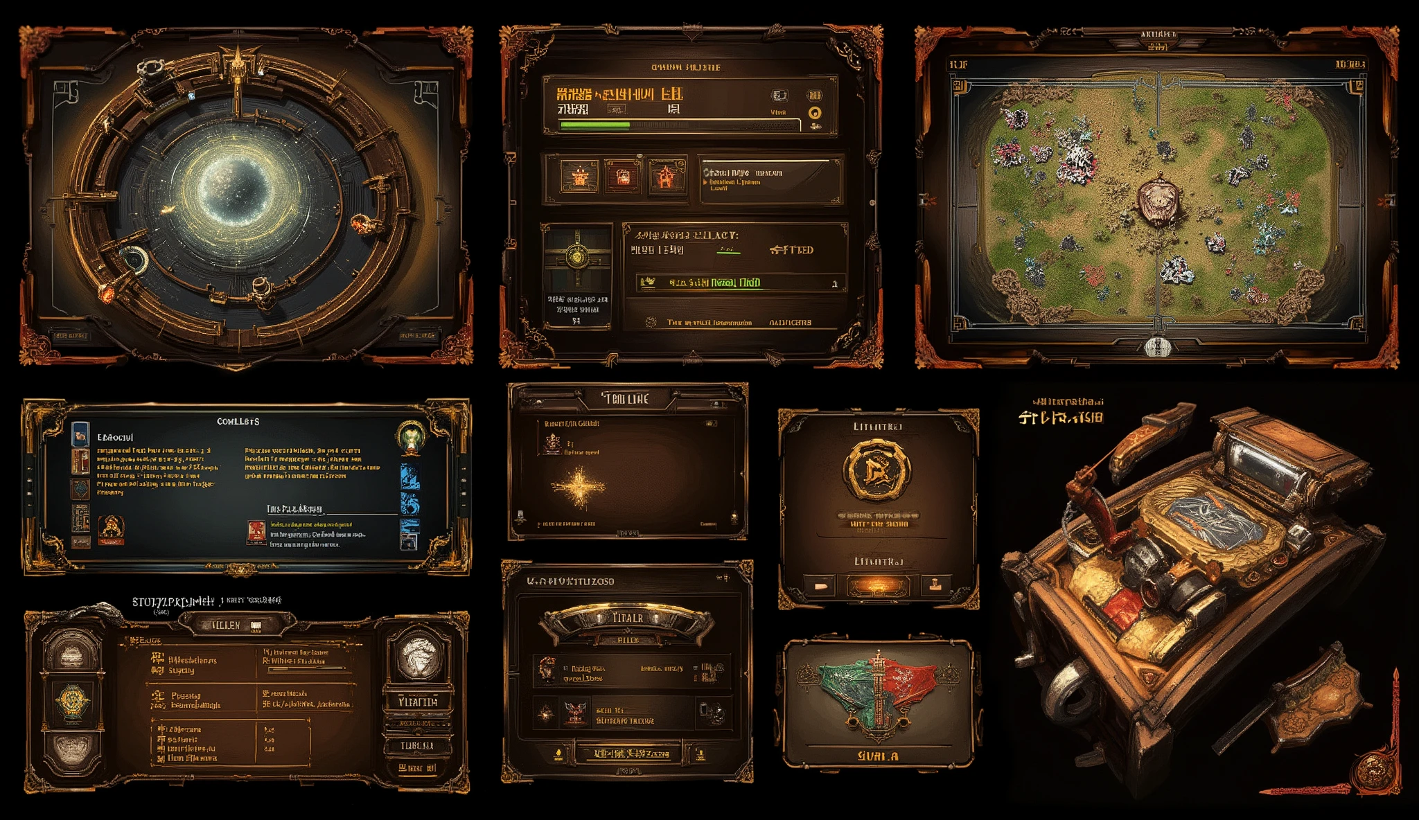 Video game UI elements, minimap in upper right corner, ui design, digital painting, RPG UI, fantasy themed, light gritty african theme, afro-futurism UI theme. dialog ui element in center bottom of screen. African design elements, African themes, African patterns and colors in the UI elements