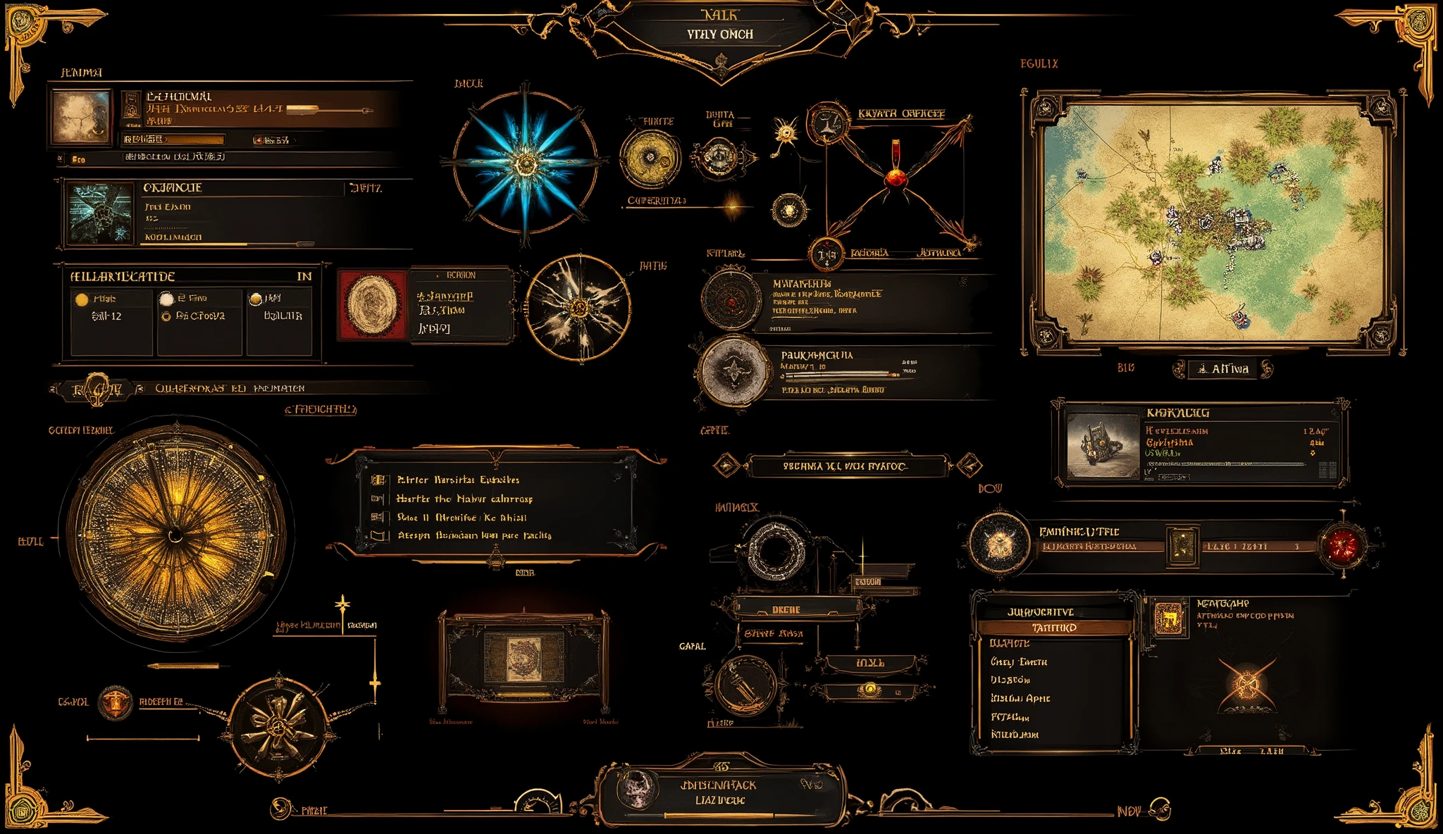 Video game UI elements, minimap in upper right corner, ui design, digital painting, RPG UI, fantasy themed, light gritty african theme, afro-futurism UI theme. dialog ui element in center bottom of screen. African design elements, African themes, African patterns and colors in the UI elements