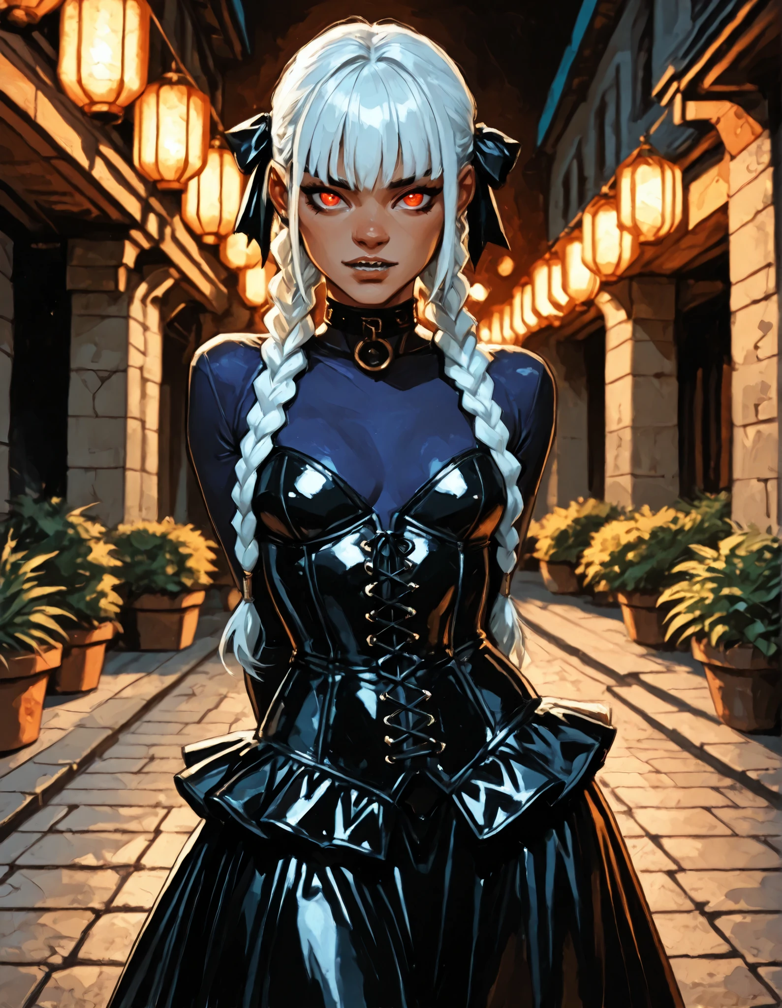 Drawn like the artist Bob Kehl. Phaedra from Fortnite with white and dark hair, deep red-coloured eyes, slanted big eyes, with sharp teeth, athletic body and abs. Slender and athletic. Cute, round and young face. White highlights in her hair. She wears Aztec black snake-leather dress with snakeskin-texture and intricate corset with ruffles. Leather choker with ring. Hair ribbons. She has small . Atmospheric lighting. She looks like Wednesday Adams. Box-art. DnD-art-style, Looking at the viewer. Oil painting. Sepia filter. Less colour. Semi-realistic style. Background: medieval aztec ruin