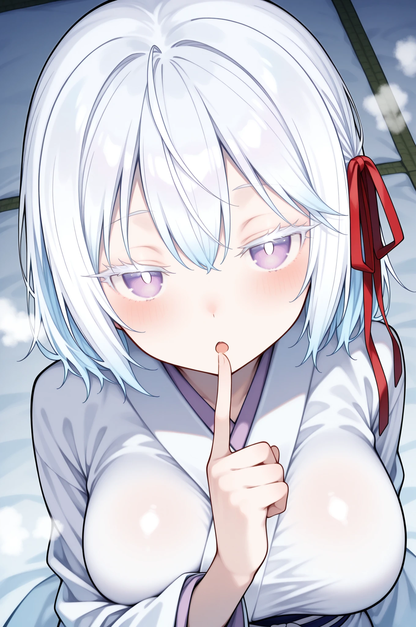 looking up at viewer, upper body, from above, (solo, 1girl, purple eyes, yuki onna, white hair, medium hair, habitual hair, left side hair ribbon, red ribbon), , petite, white kimono, hand up, finger to lips, cute face, (((white pupils))), ((white eyelashes, lower eyelashes)), blush, jitome, open mouth, (steam)