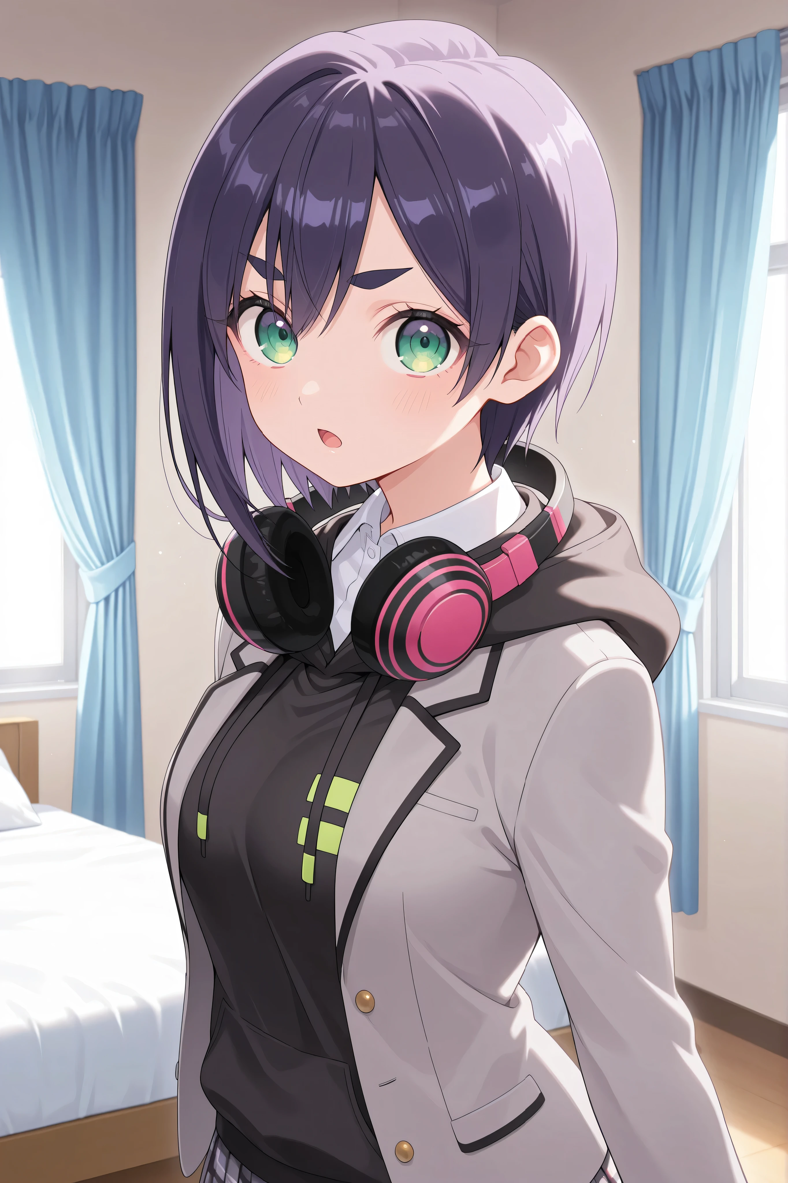 {{{masterpiece}}}, {{{best quality}}}, {{ultra-detailed}}, (detailed skin texture) , EBKurumi
1girl, solo, short hair, purple hair, thick eyebrows, green eyes, medium breasts,
school uniform, jacket, hood, hoodie, plaid skirt, headphones around neck, grey jacket, hooded jacket, collared shirt, white shirt, standing , straight posture, open mouth , looking at viewer, living room, bed, blue curtains, window, upper body