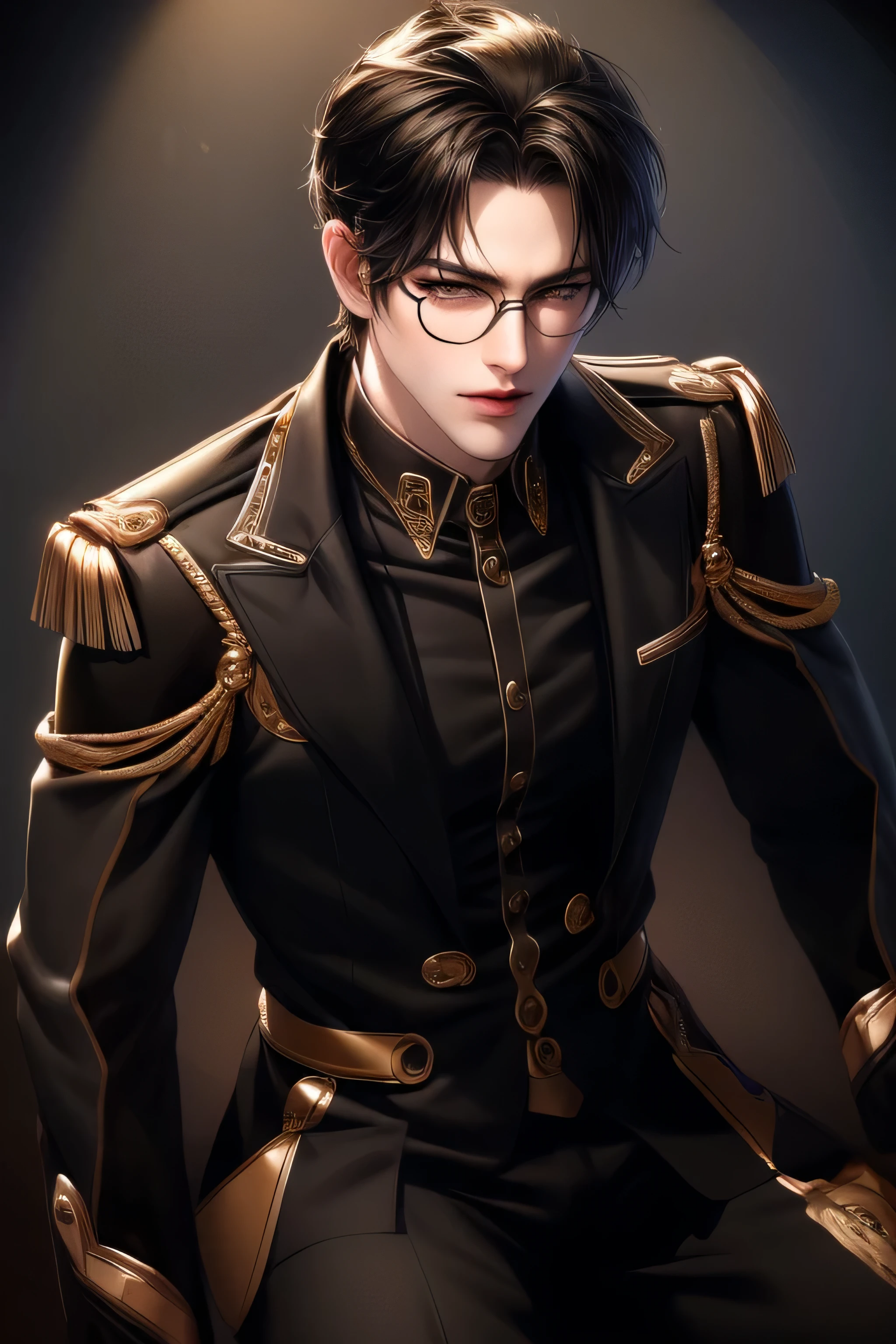 (masterpiece,best quality,ultra_detailed,highres,absurdres) (detailed shadow) (quality light),1 mature male, 21 years old, korean male focus, solo, mid-length black hair, (yellow eyes), city background, full body, looking at viewer, parted lips, round eyewear, ((wearing military uniform with gold trim)), black shirt, black pants, (wearing thin glasses), showing a bit of muscles, smirk smile face.