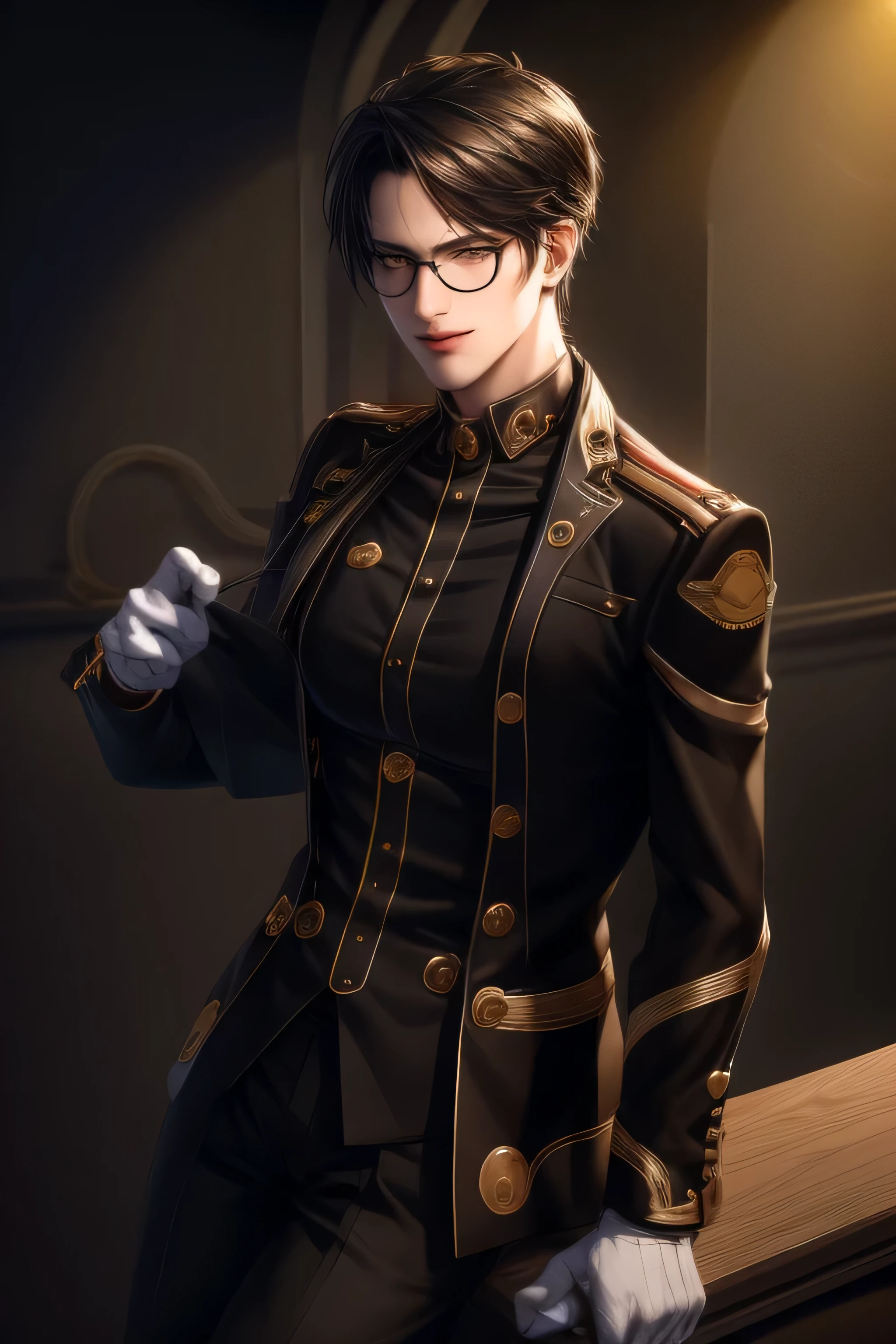 {{photorealistic)), (masterpiece,best quality,ultra_detailed,highres,absurdres) (detailed shadow) (quality light),1 mature male, 21 years old, korean male focus, solo, mid-length black hair, (yellow eyes), city background, full body, looking at viewer, parted lips, round eyewear, ((wearing military uniform with gold trim)), black shirt, black pants, (wearing thin glasses), showing a bit of muscles, smirk smile face.