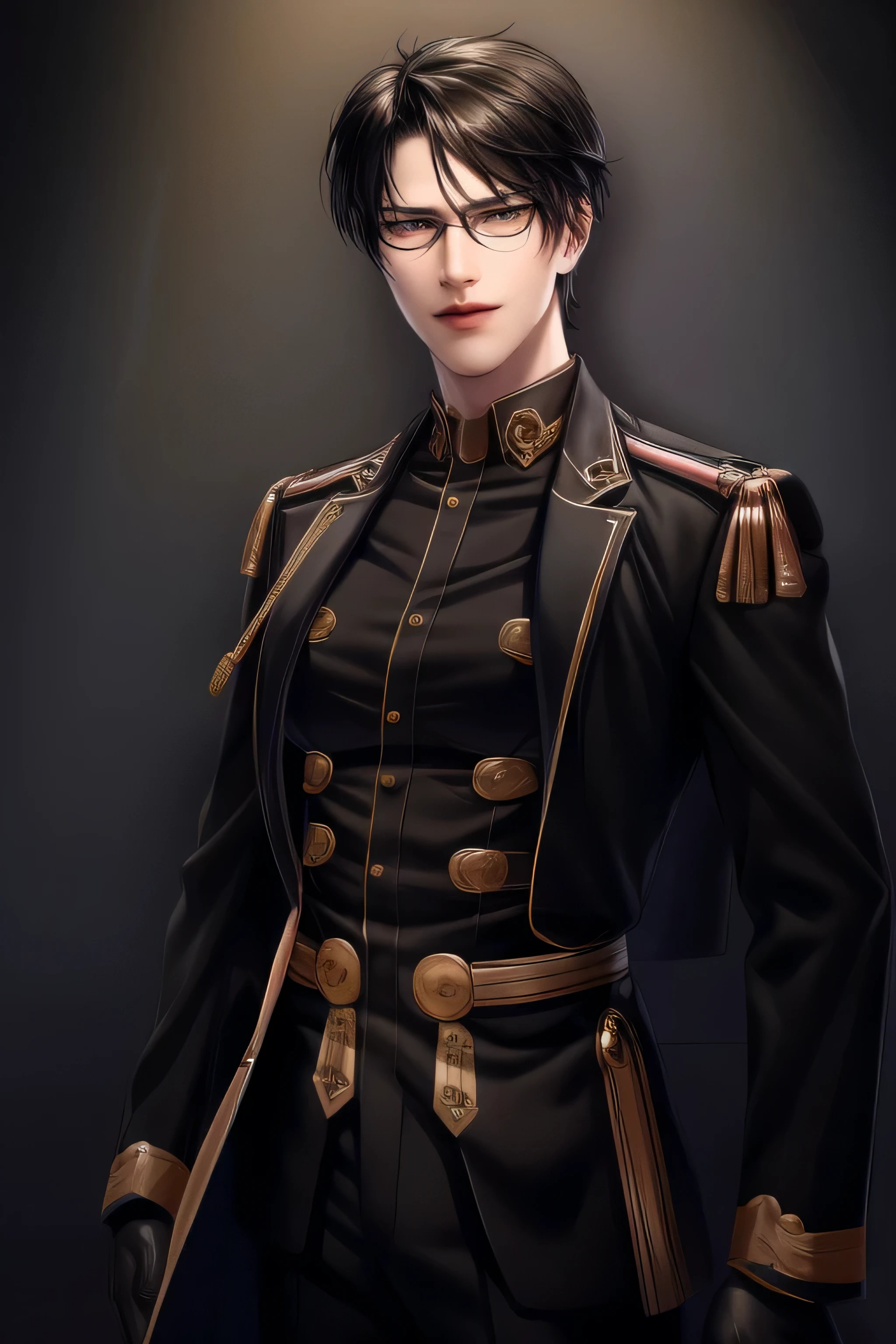 {{photorealistic)), (masterpiece,best quality,ultra_detailed,highres,absurdres) (detailed shadow) (quality light),1 mature male, 21 years old, korean male focus, solo, mid-length black hair, (yellow eyes), city background, full body, looking at viewer, parted lips, round eyewear, ((wearing military uniform with gold trim)), black shirt, black pants, (wearing thin glasses), showing a bit of muscles, smirk smile face.