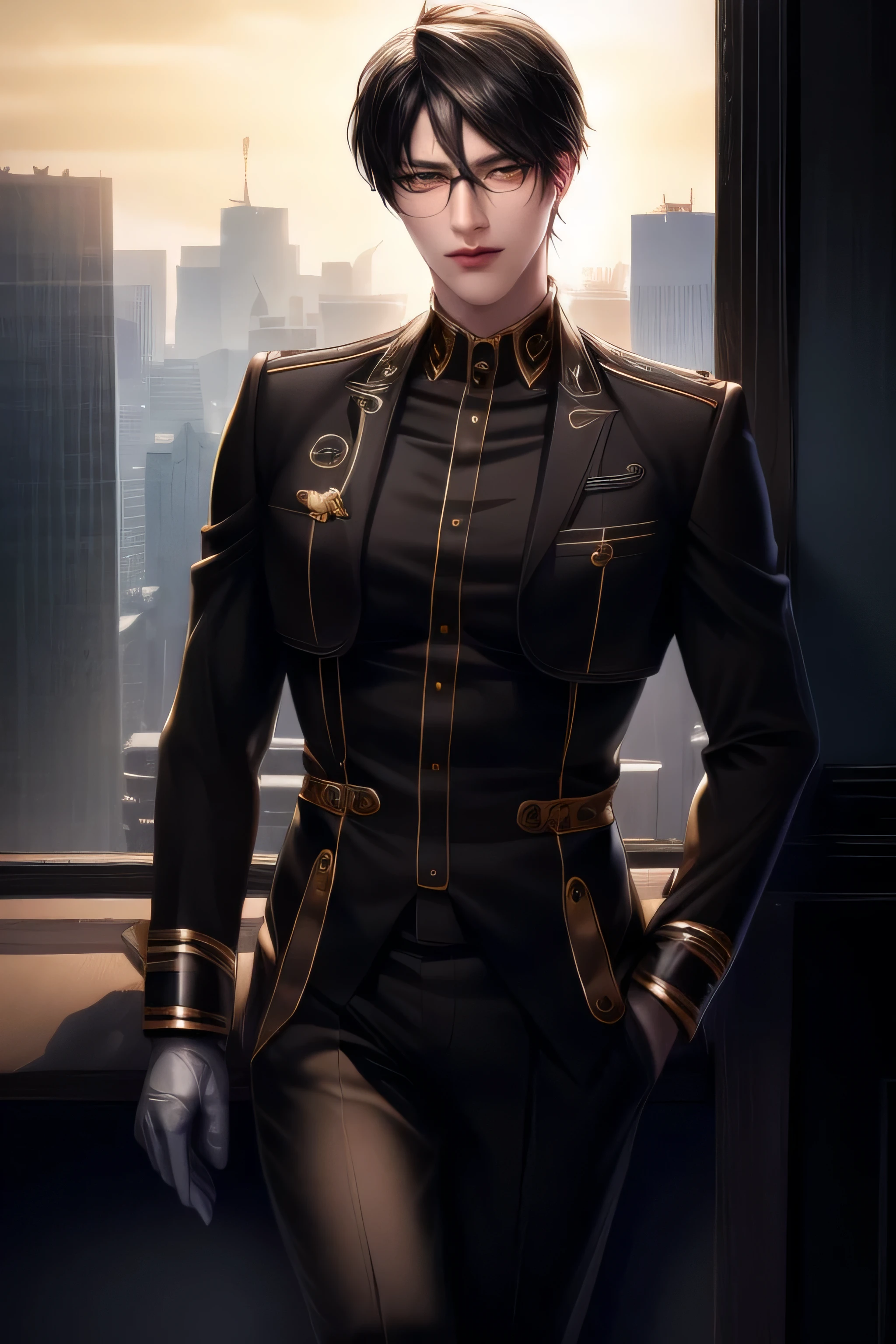 {{photorealistic)), (masterpiece,best quality,ultra_detailed,highres,absurdres) (detailed shadow) (quality light),1 mature male, 21 years old, korean male focus, solo, mid-length black hair, (yellow eyes), city background, full body, looking at viewer, parted lips, round eyewear, ((wearing military uniform with gold trim)), black shirt, black pants, (wearing thin glasses), showing a bit of muscles, smirk smile face.