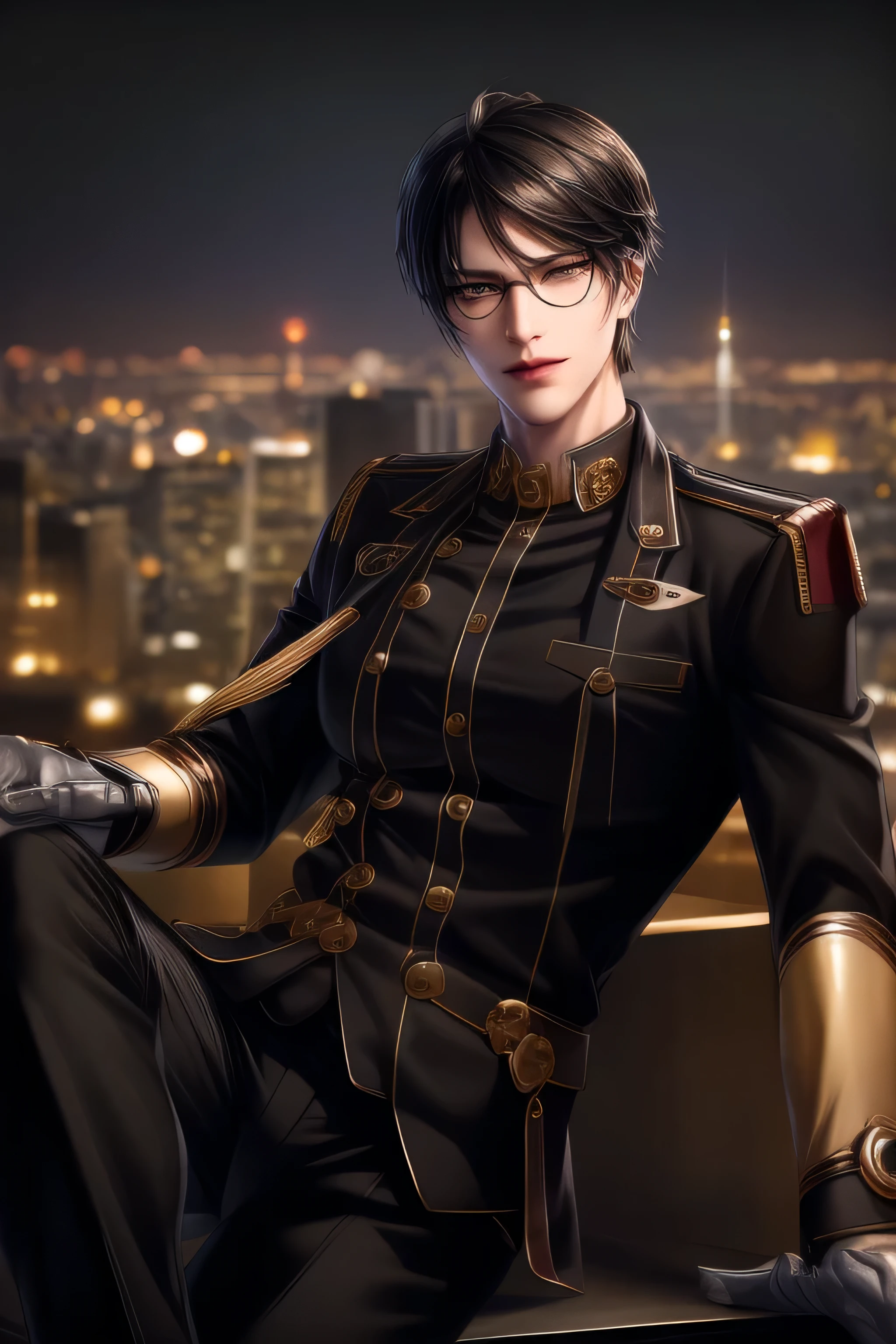 {{photorealistic)), (masterpiece,best quality,ultra_detailed,highres,absurdres) (detailed shadow) (quality light),1 mature male, 21 years old, korean male focus, solo, mid-length black hair, (yellow eyes), city background, full body, looking at viewer, parted lips, round eyewear, ((wearing military uniform with gold trim)), black shirt, black pants, (wearing thin glasses), showing a bit of muscles, smirk smile face.