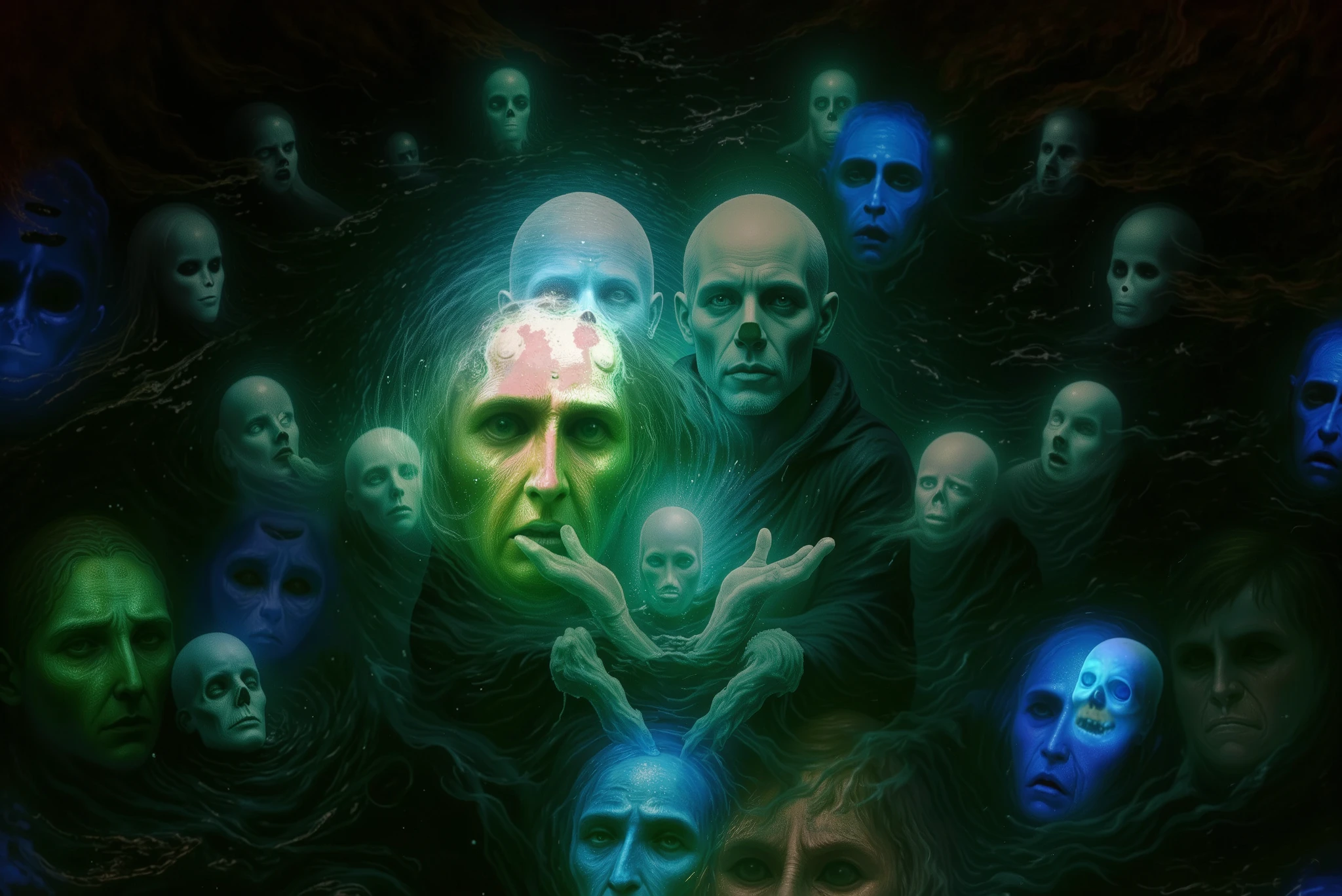 A dark fantasy scene in realistic oil painting style, viewed from above. The setting is the River Styx, flowing deep within a vast subterranean cavern. The water is black and turbulent, swirling with unnatural currents. From its surface, ghostly faces begin to emerge — some fully formed, others fading in and out of the ripples. Each face glows faintly, surrounded by an ethereal aura in shades of green or blue. Their expressions vary: anguish, sorrow, rage, and silence. The faces appear to be part of the water itself, as if the river carries the souls of the dead within its flow.